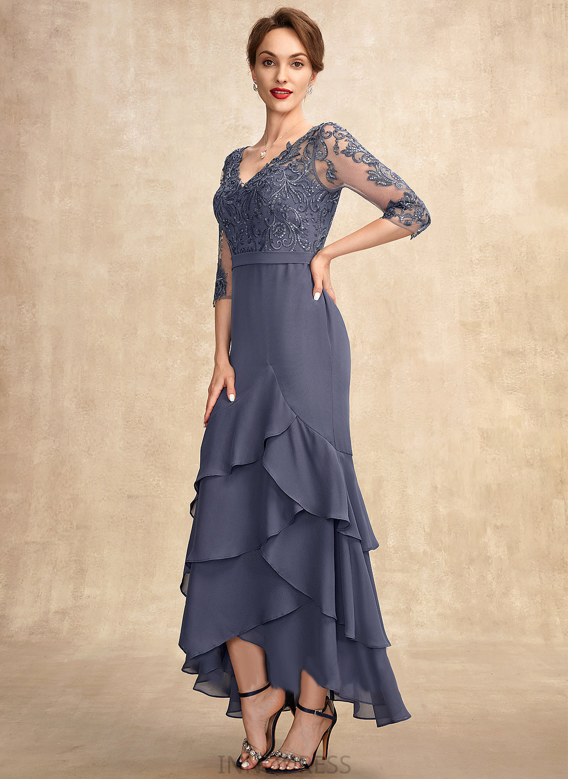 Dress Ruffles Cascading Mother of the Bride Dresses Sequins With Asymmetrical Bride Chiffon of Trumpet/Mermaid Anika the Mother Lace V-neck