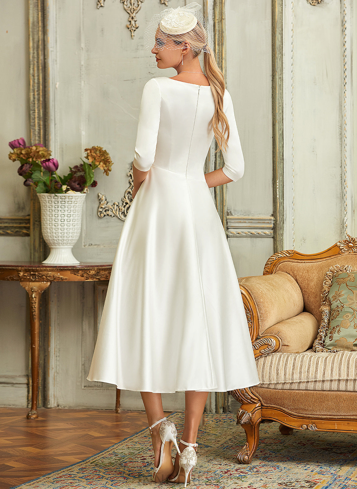 A-Line Dress V-neck Wedding Guadalupe Satin Tea-Length Wedding Dresses