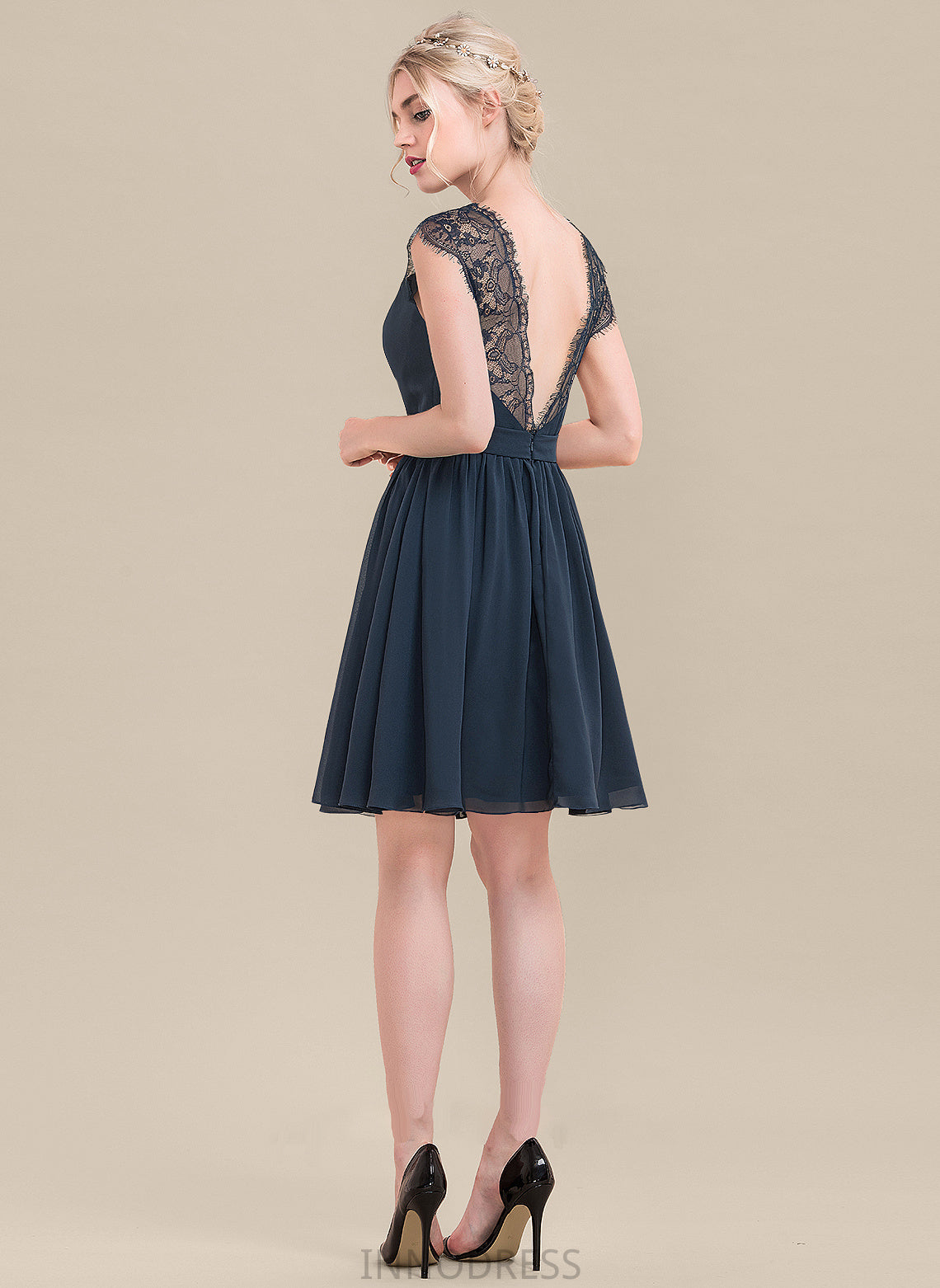 V-neck Neckline Knee-Length A-Line Straps Lace Length Fabric Silhouette Stephanie High Low Natural Waist