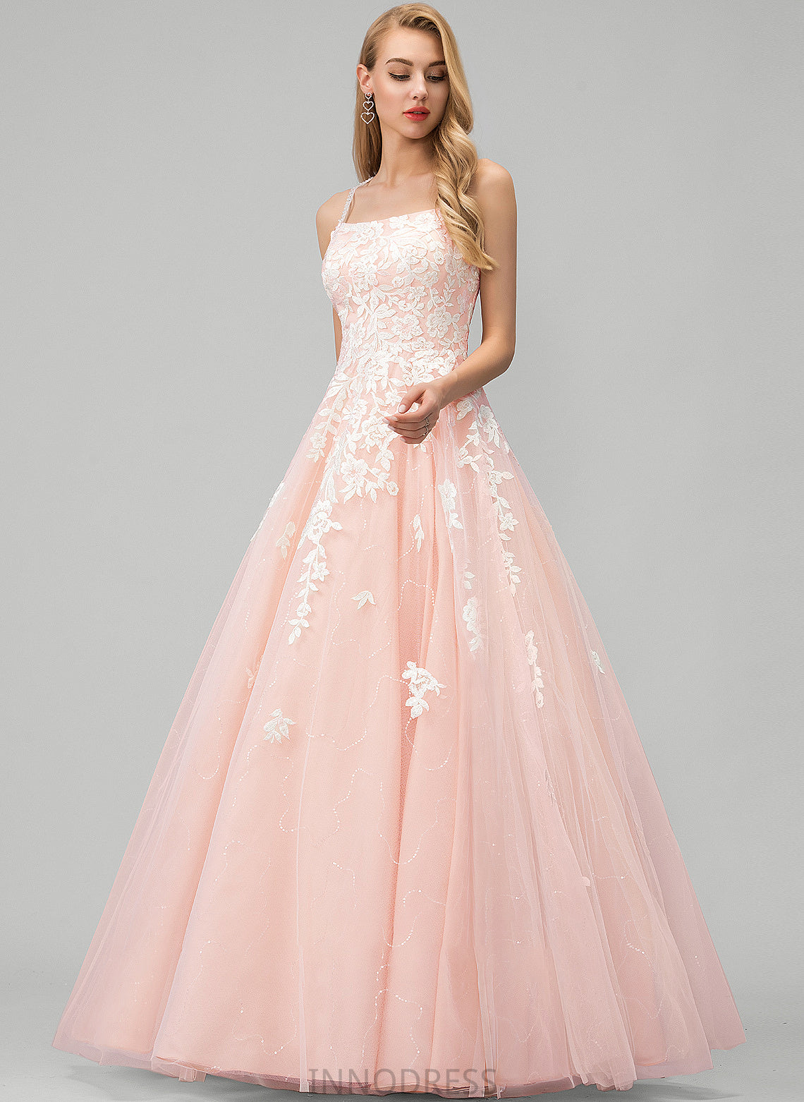 Ball-Gown/Princess Sequins Prom Dresses Lace With Tulle Floor-Length Square Neckline Salma