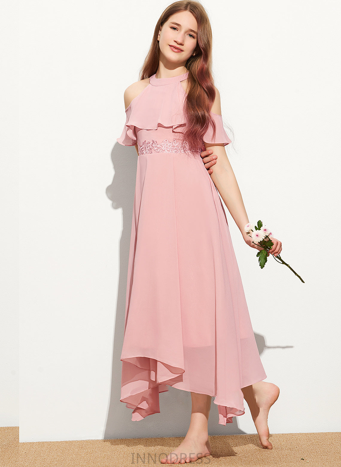 Scoop A-Line Junior Bridesmaid Dresses Logan Lace Tea-Length Chiffon Neck