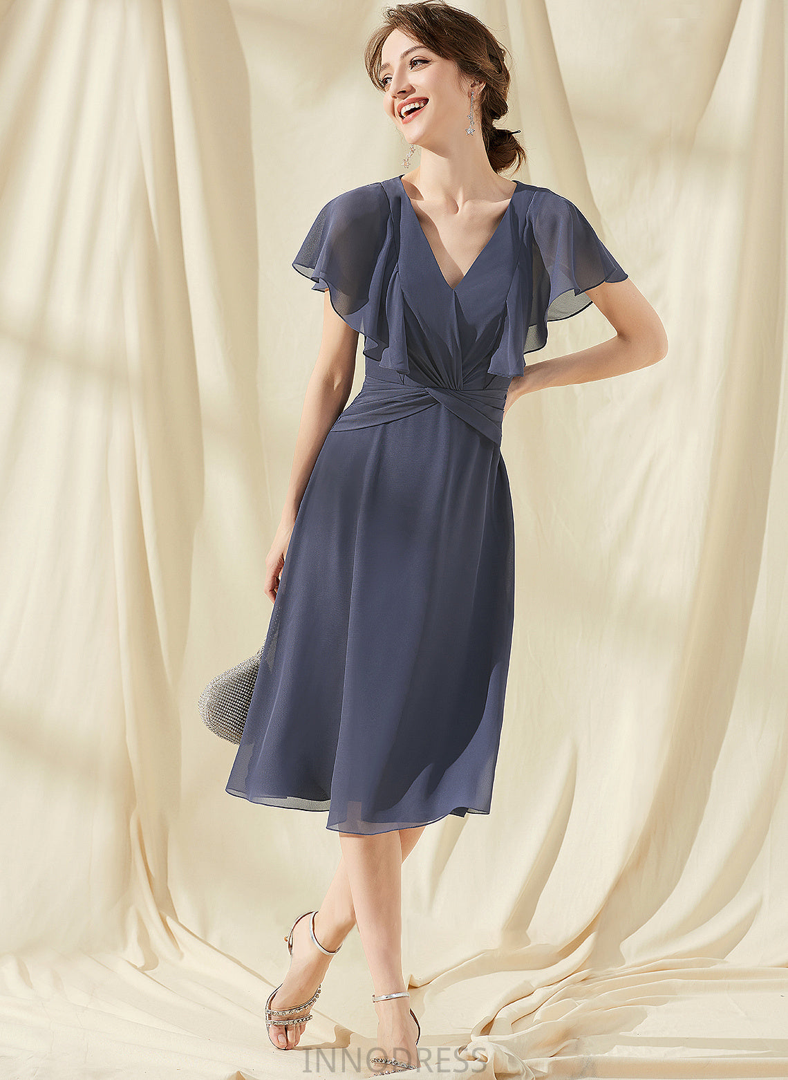 Embellishment Fabric Ruffle Length A-Line V-neck Knee-Length Silhouette Neckline Keely V-Neck Sleeveless