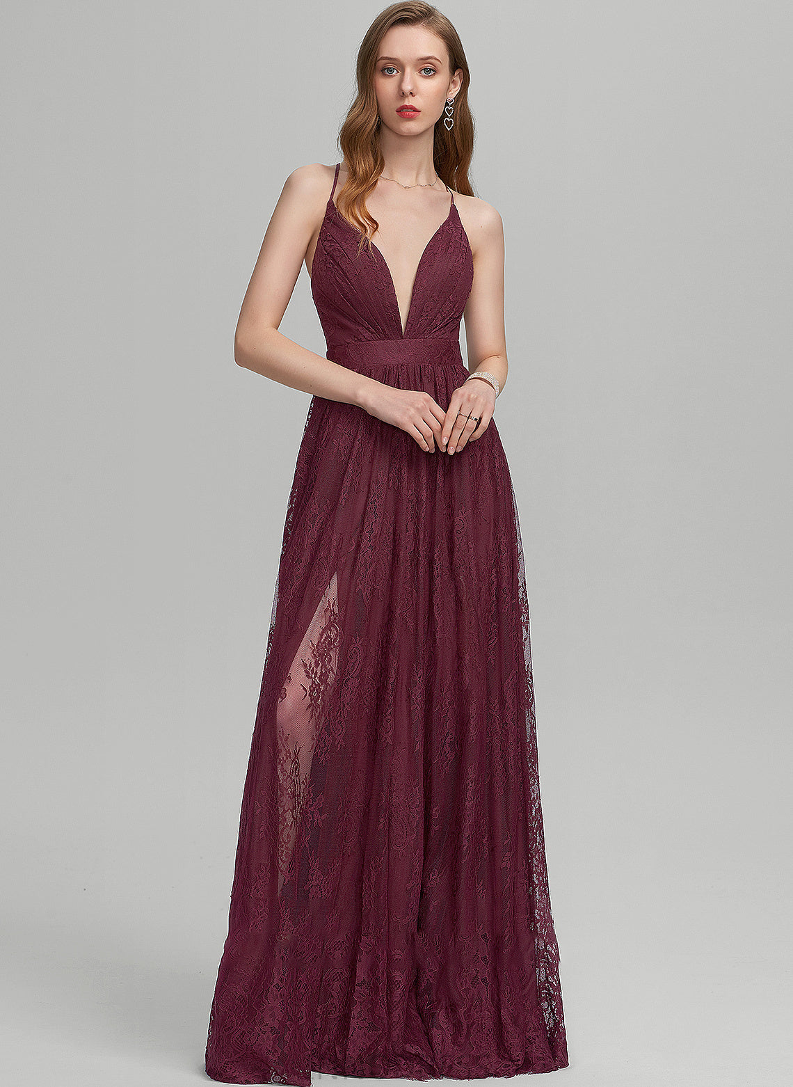 A-Line V-neck Mckayla Split Front Lace Prom Dresses With Floor-Length