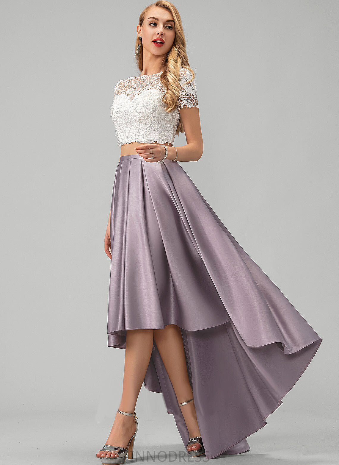 Pockets Prom Dresses Scoop Lace A-Line Satin With Asymmetrical Celeste Neck