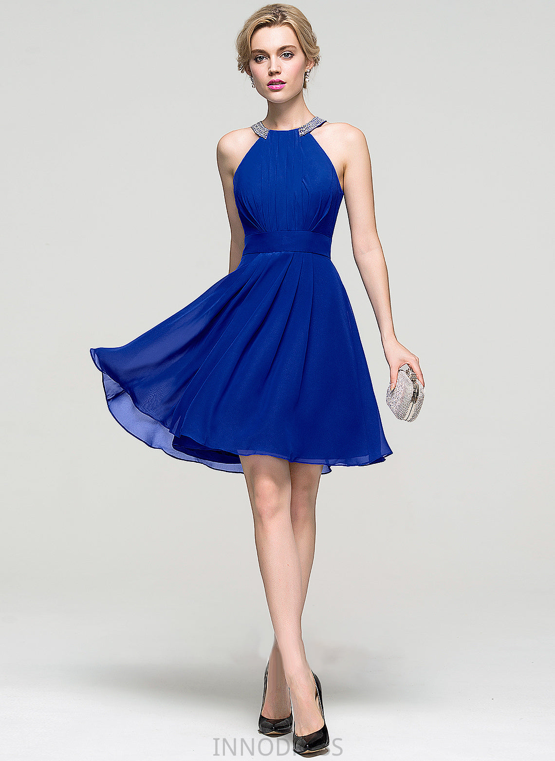 Chiffon Ruffle A-Line Knee-Length Prom Dresses Scoop Neck With Shiloh Beading