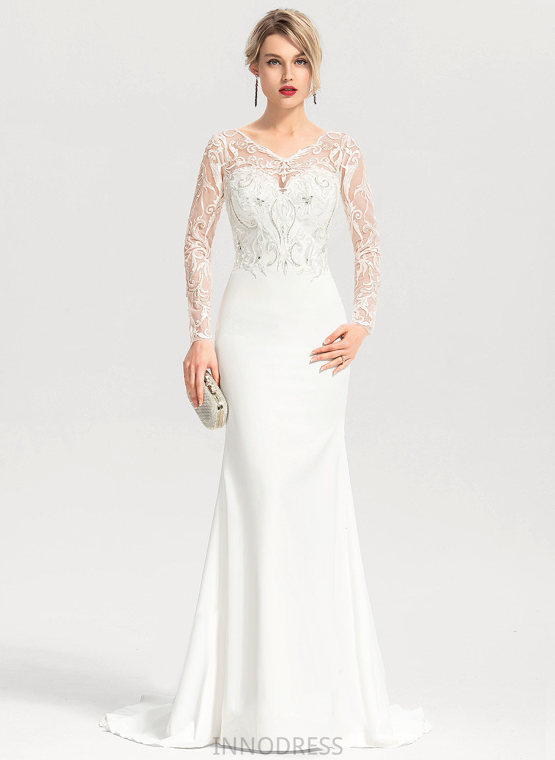 Gertrude Stretch Sequins Dress Wedding Dresses Sweep With Trumpet/Mermaid Beading V-neck Lace Wedding Crepe Train
