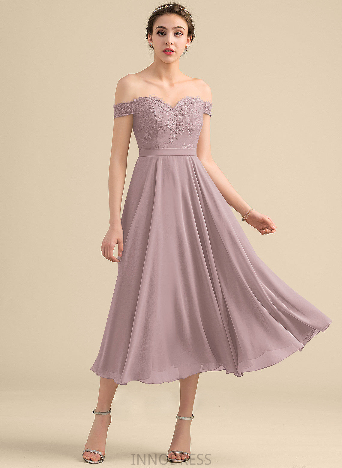 Beading Length Off-the-Shoulder Fabric Sequins Tea-Length Neckline Embellishment Silhouette A-Line Maryjane Natural Waist