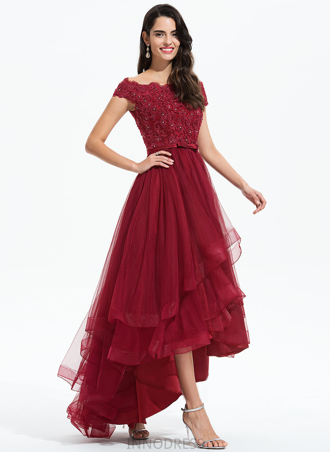 Dress Off-the-Shoulder Lace Tulle Wedding Dresses Sequins Asymmetrical Setlla Beading A-Line With Wedding Bow(s)