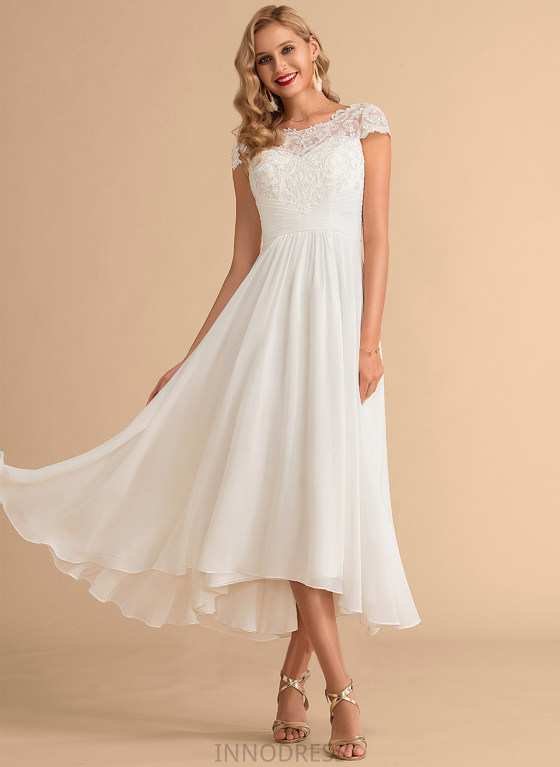 Scoop Dress A-Line Chiffon Natasha Wedding Lace Neck Asymmetrical Wedding Dresses