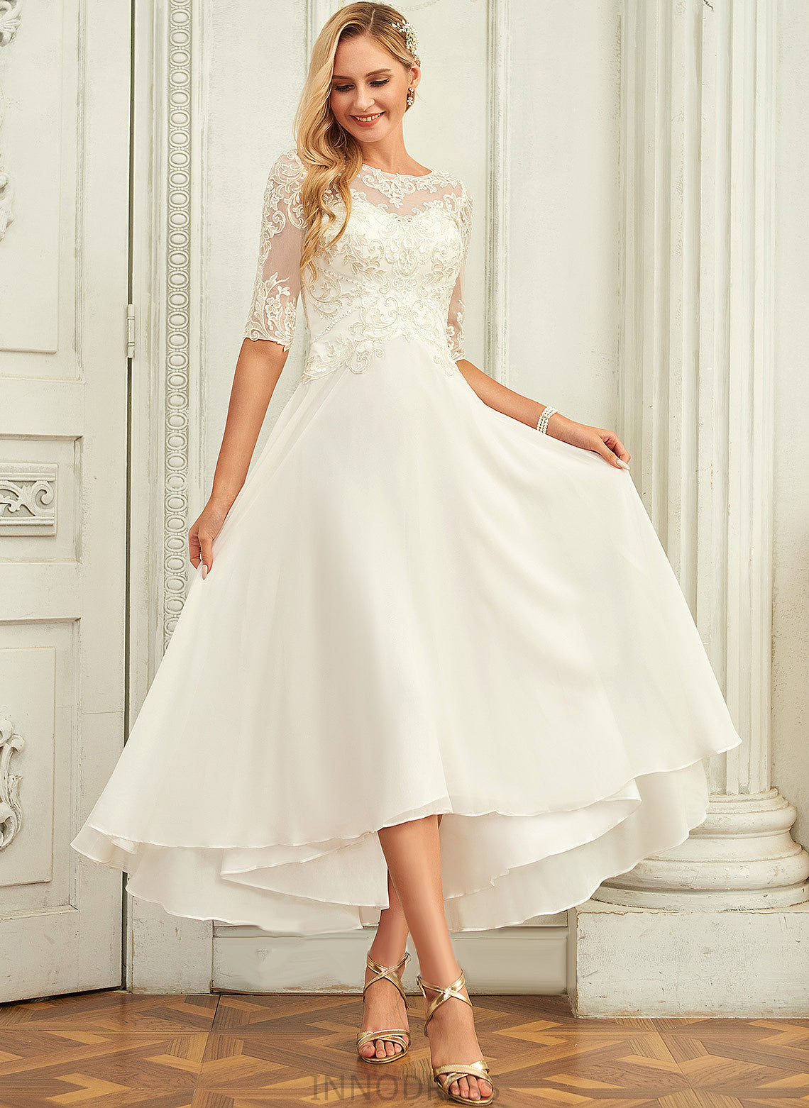 With A-Line Asymmetrical Wedding Dresses Sequins Chiffon Dress Scoop Lace Beading Melody Wedding