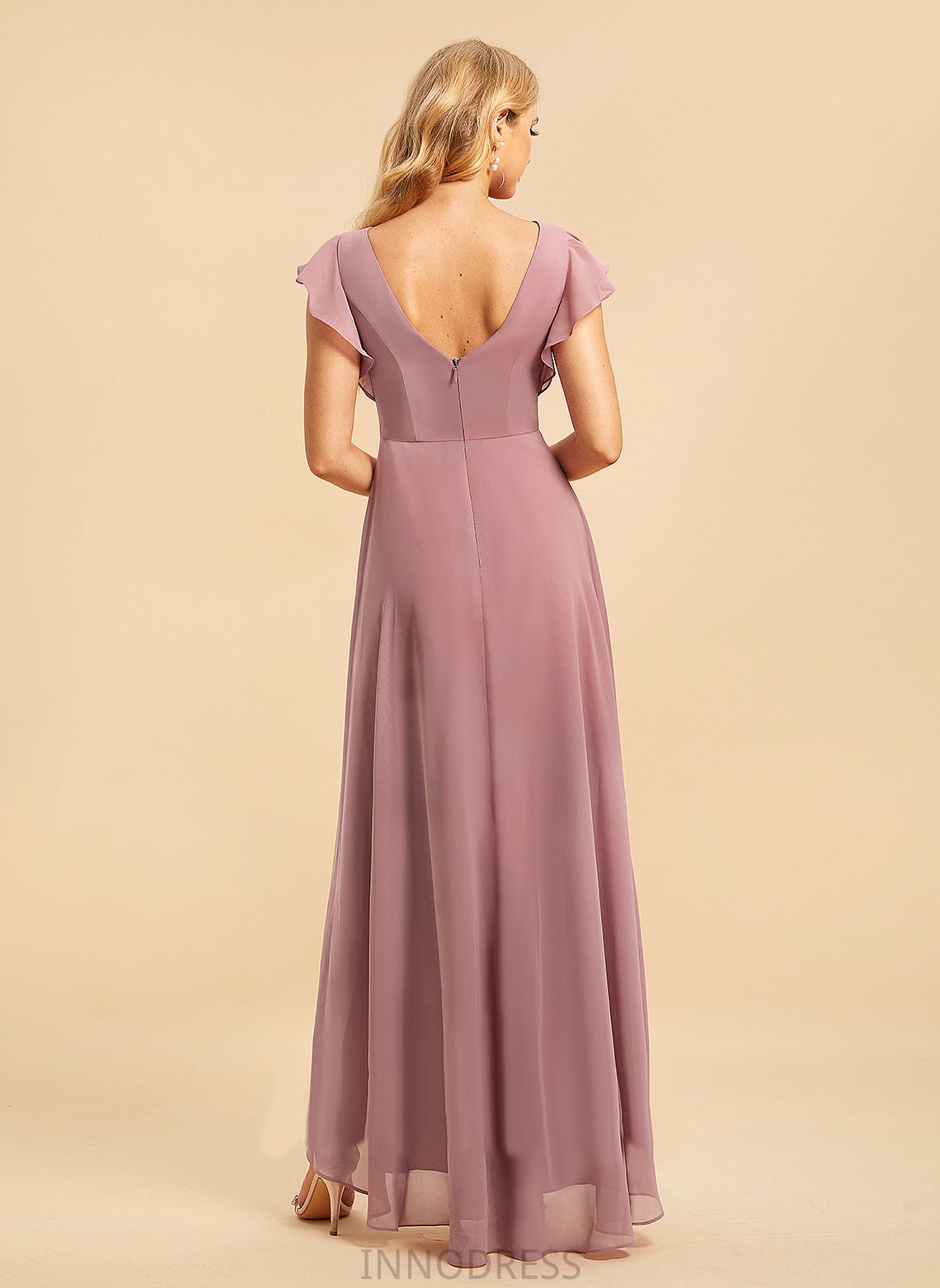Asymmetrical A-Line Fabric Neckline Silhouette Embellishment Length ScoopNeck Ruffle Kitty Sleeveless Floor Length Bridesmaid Dresses
