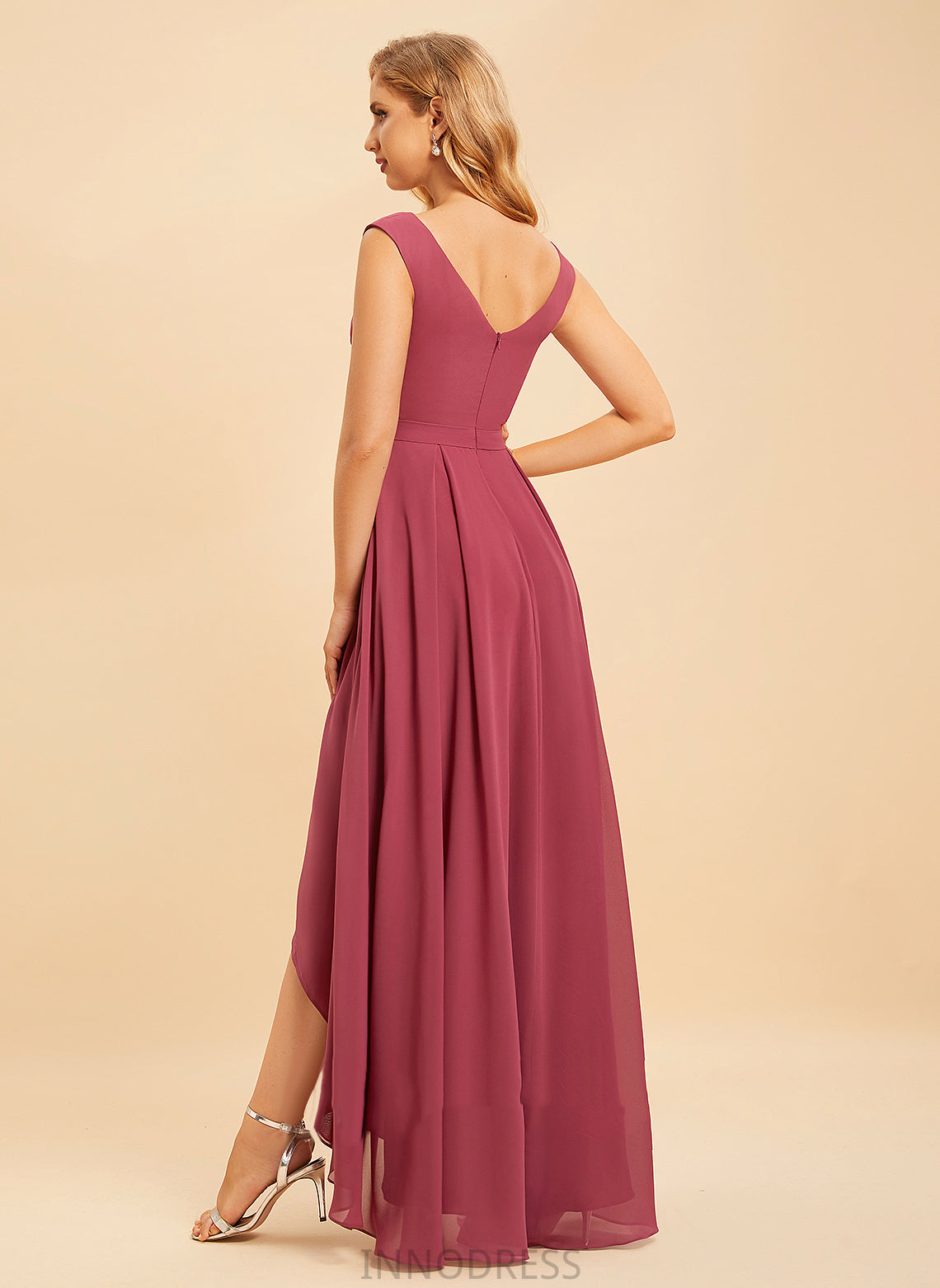 Fabric A-Line Asymmetrical Ruffle Silhouette V-neck Length Neckline Embellishment Kyleigh Natural Waist A-Line/Princess Bridesmaid Dresses