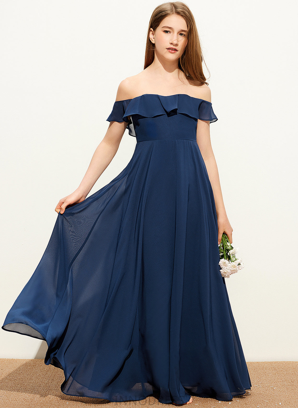 A-Line Junior Bridesmaid Dresses Nancy Chiffon Floor-Length Off-the-Shoulder