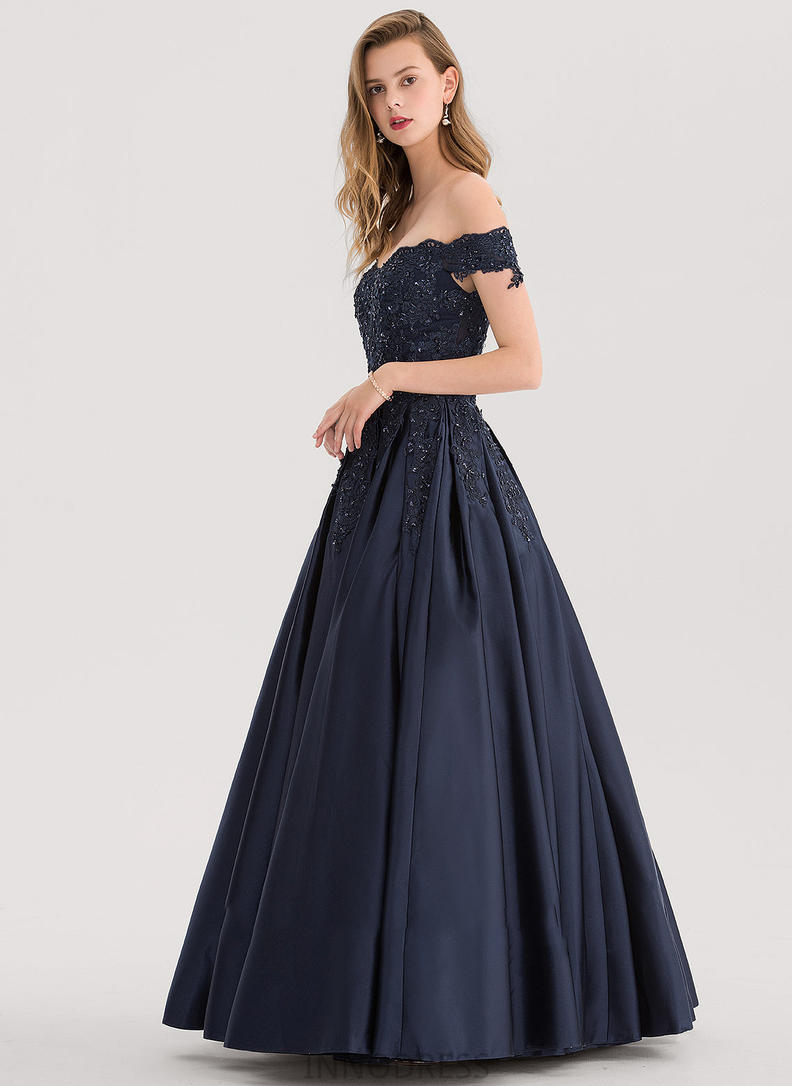 Floor-Length Alexus Satin Ball-Gown/Princess Off-the-Shoulder With Sequins Prom Dresses Beading