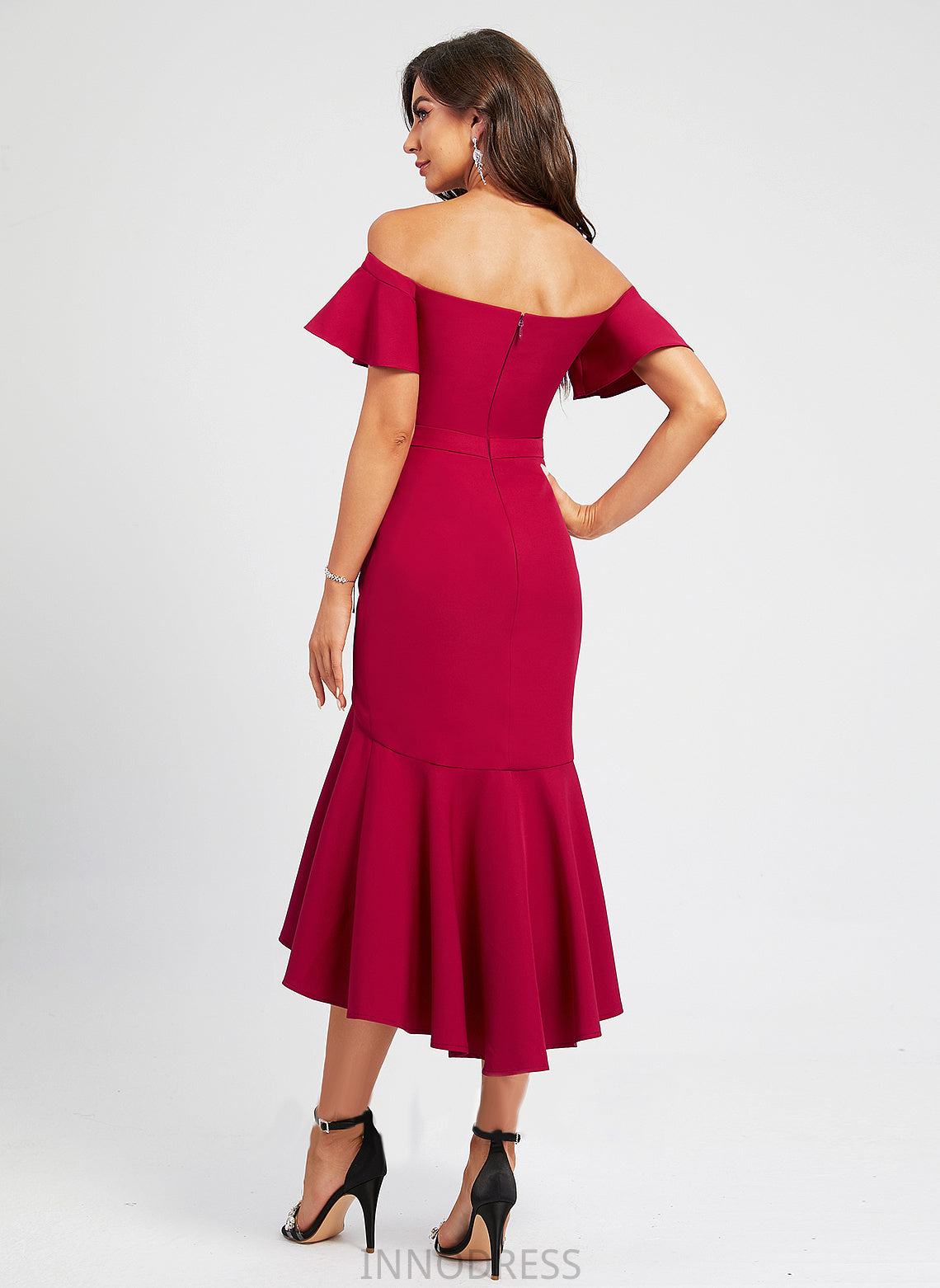 Off-the-Shoulder With Stretch Trumpet/Mermaid Asymmetrical Cocktail Crepe Ruffle Janae Cocktail Dresses Dress
