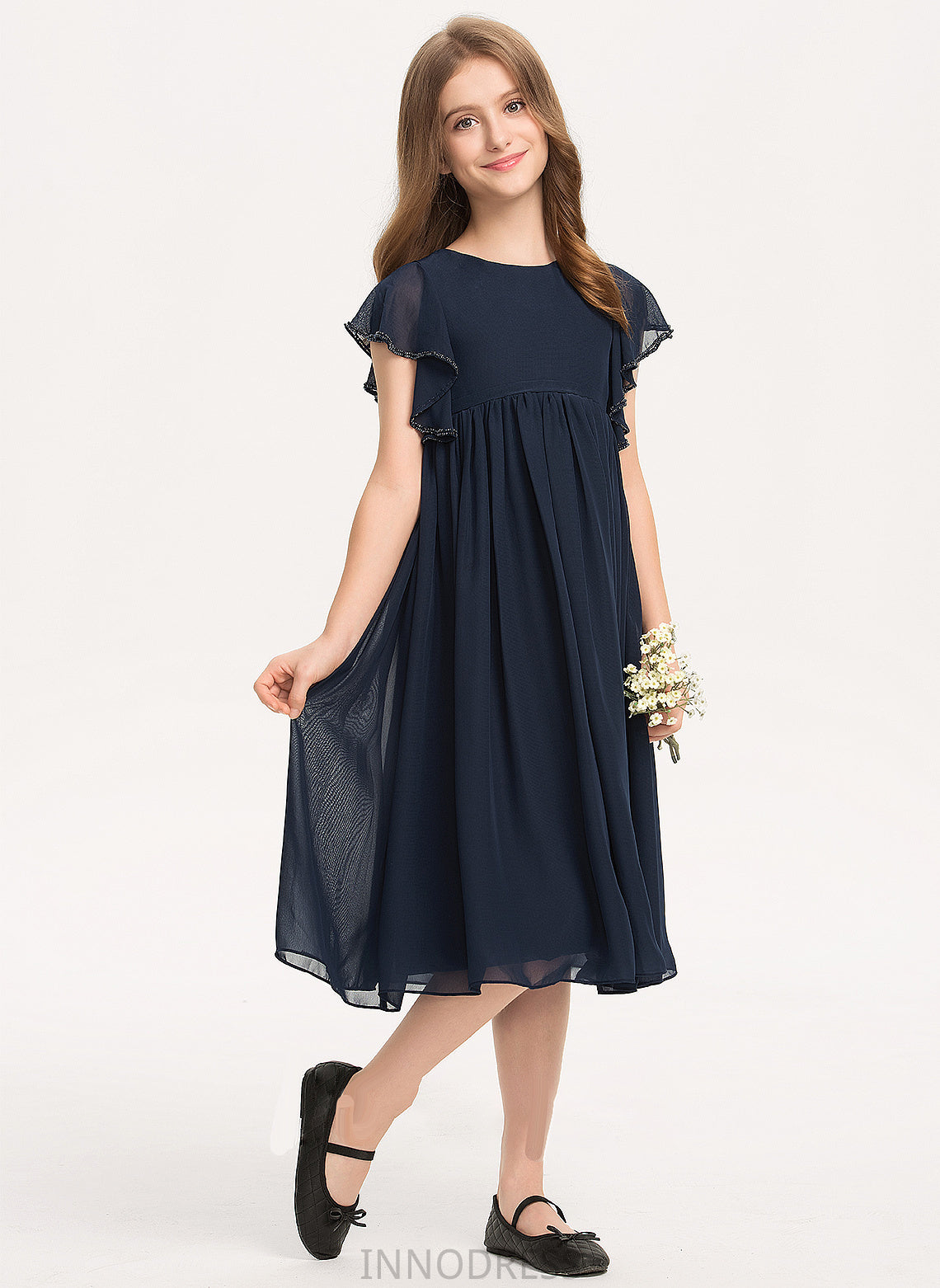 With A-Line Scoop Madalyn Chiffon Knee-Length Neck Junior Bridesmaid Dresses Beading