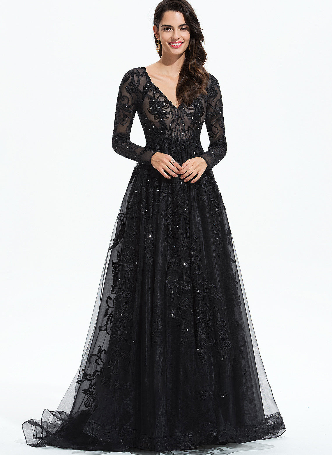 Sequins Train Sweep With Lace Ball-Gown/Princess Tulle Shayla V-neck Prom Dresses