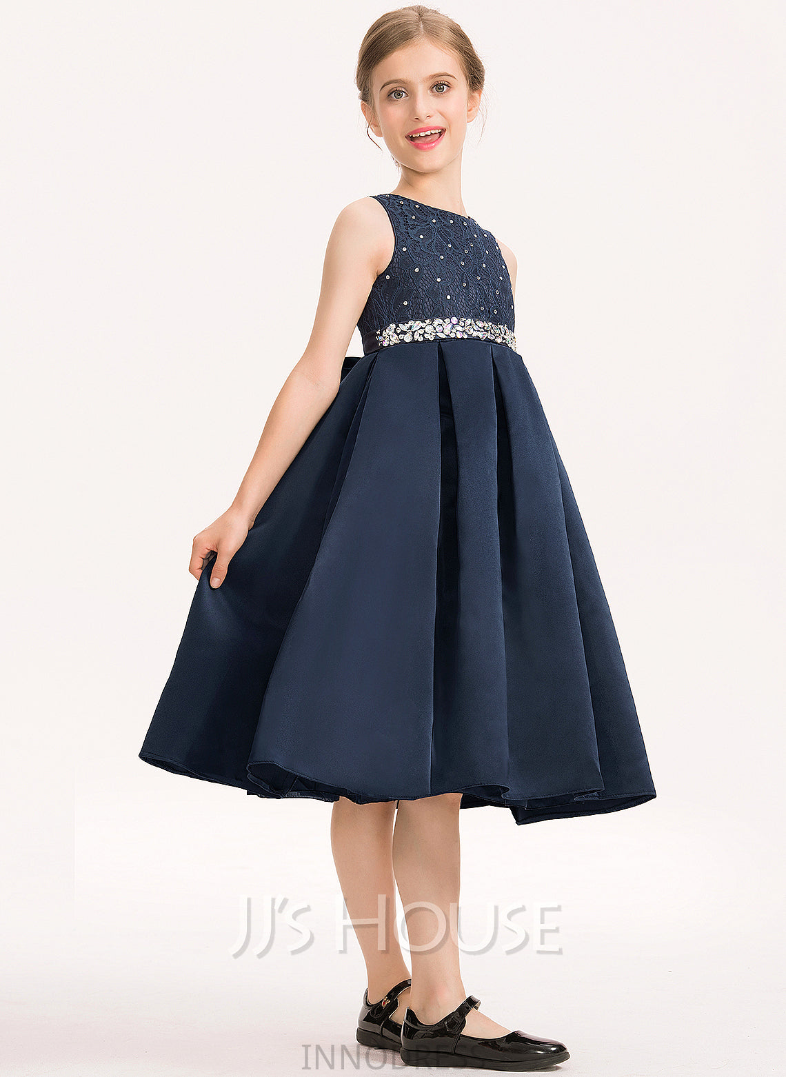 Mariyah Junior Bridesmaid Dresses Bow(s) Scoop Knee-Length Satin Lace With A-Line Beading Neck