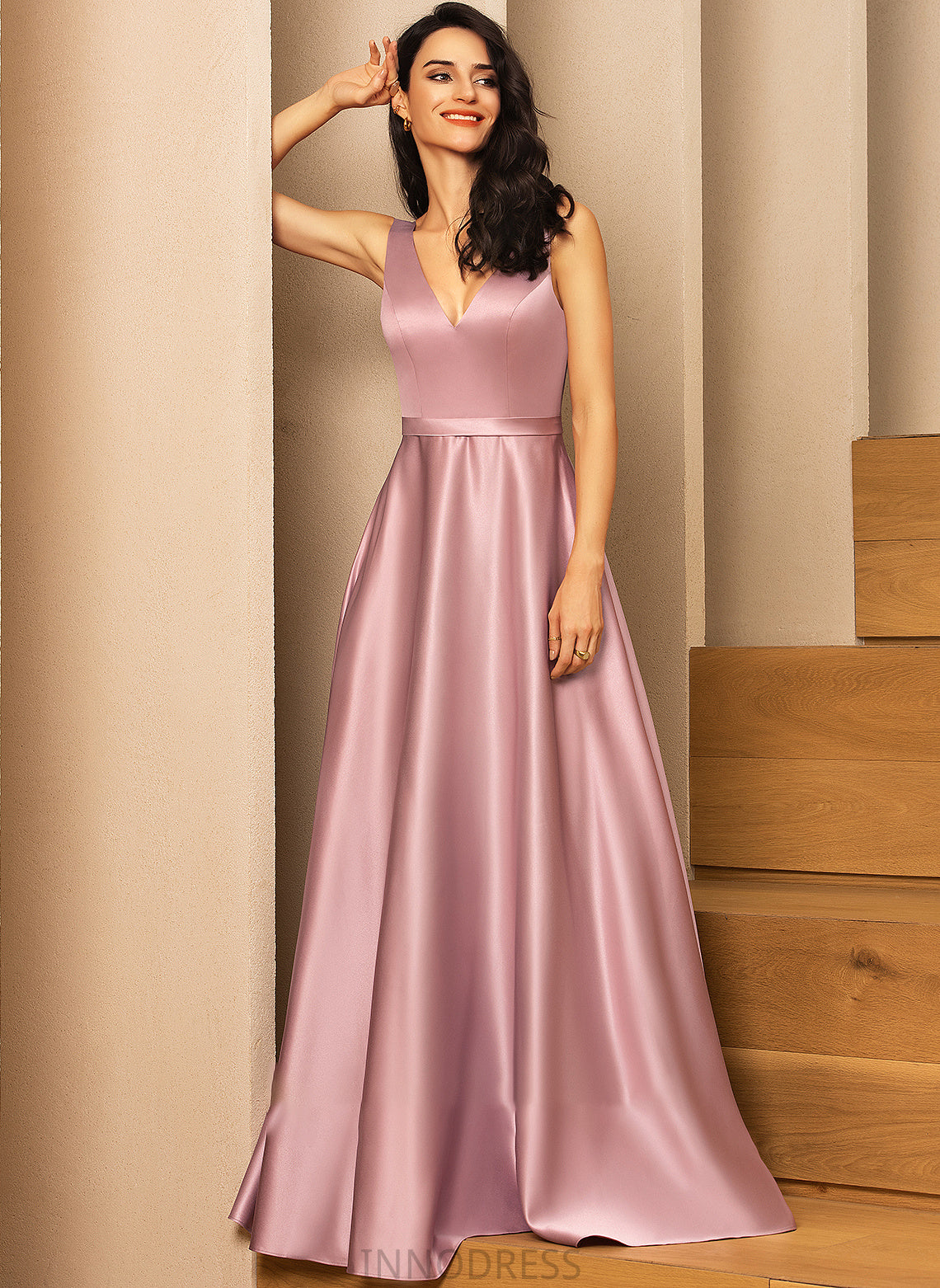 Floor-Length Pockets Satin Prom Dresses V-neck Jayleen With Ball-Gown/Princess