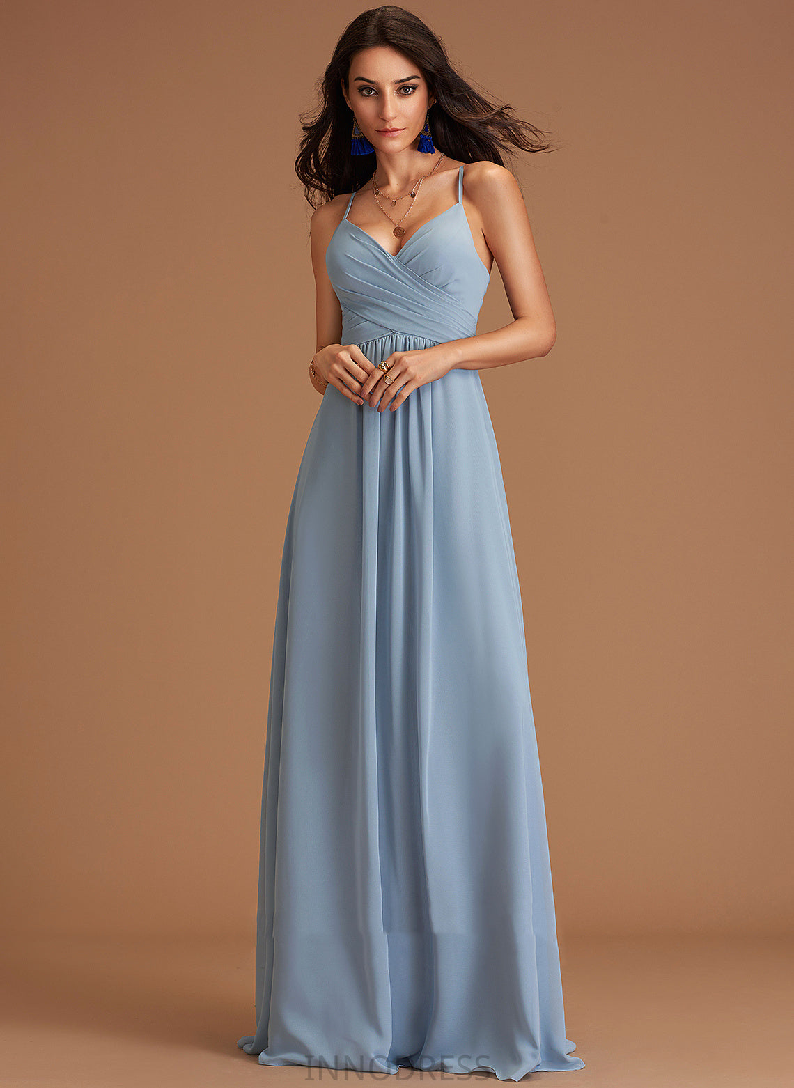 Embellishment Length A-Line Silhouette Ruffle V-neck Neckline Floor-Length Fabric Elsie Satin Trumpet/Mermaid Bridesmaid Dresses