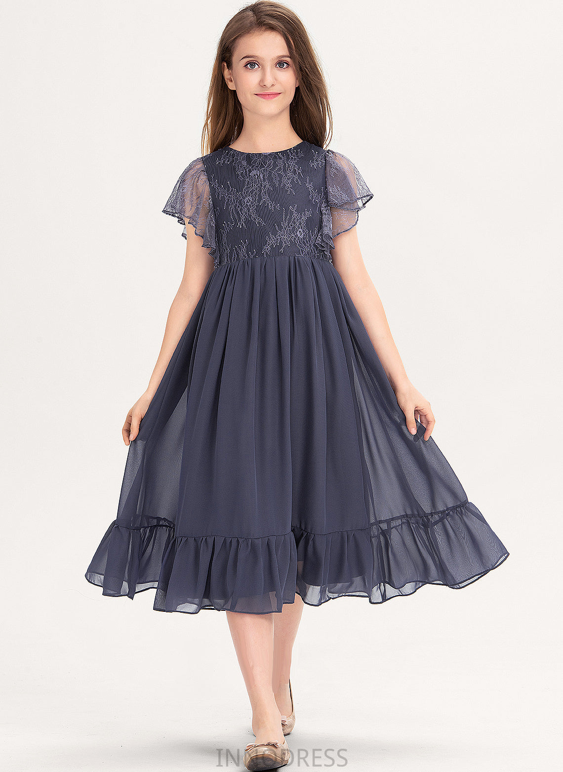 Lace Junior Bridesmaid Dresses With Scoop Cascading Denise Neck Knee-Length A-Line Ruffles Chiffon