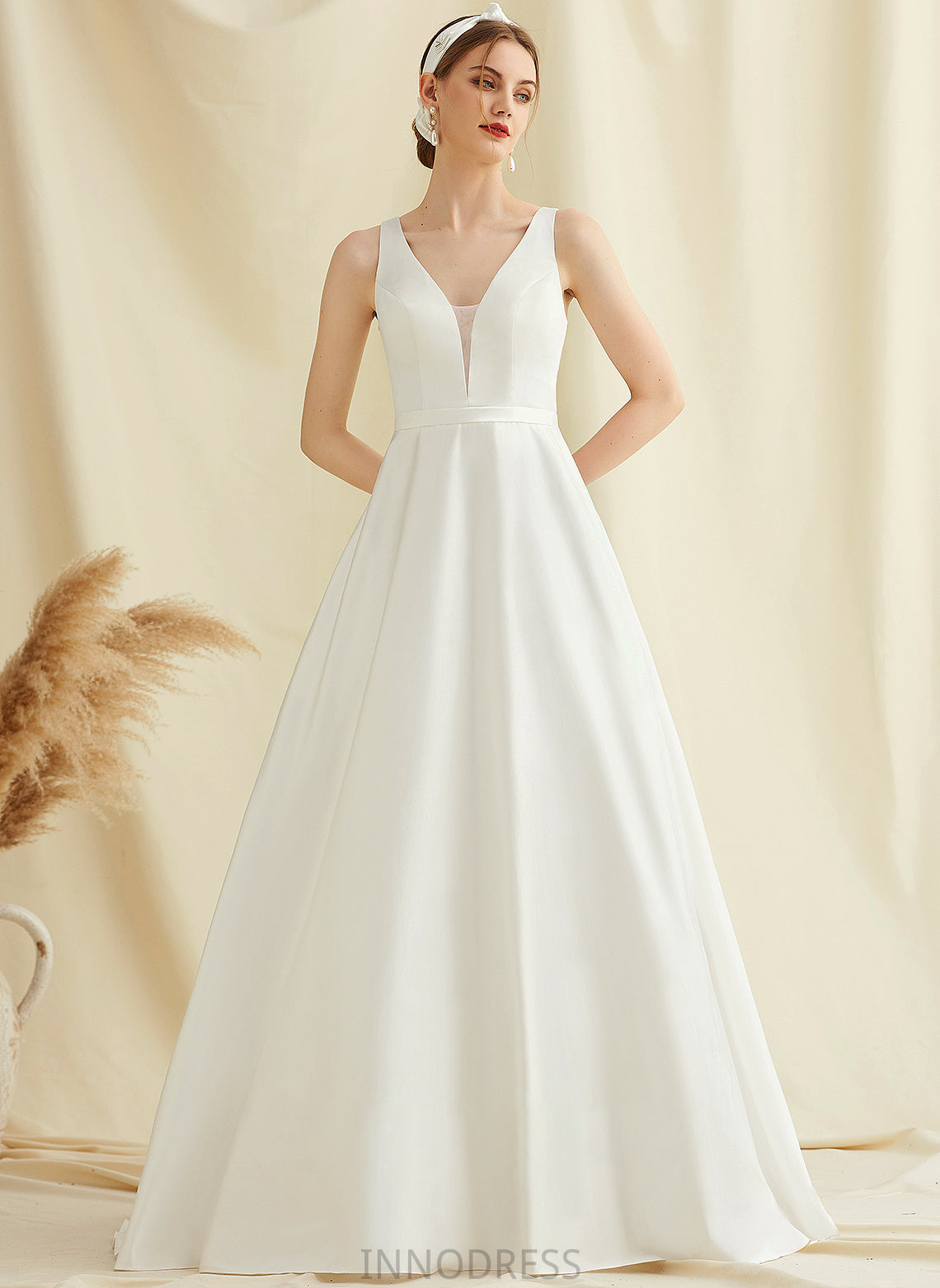 With Ball-Gown/Princess Lace Wedding V-neck Satin Train Sweep Dress Wedding Dresses Naomi Pockets