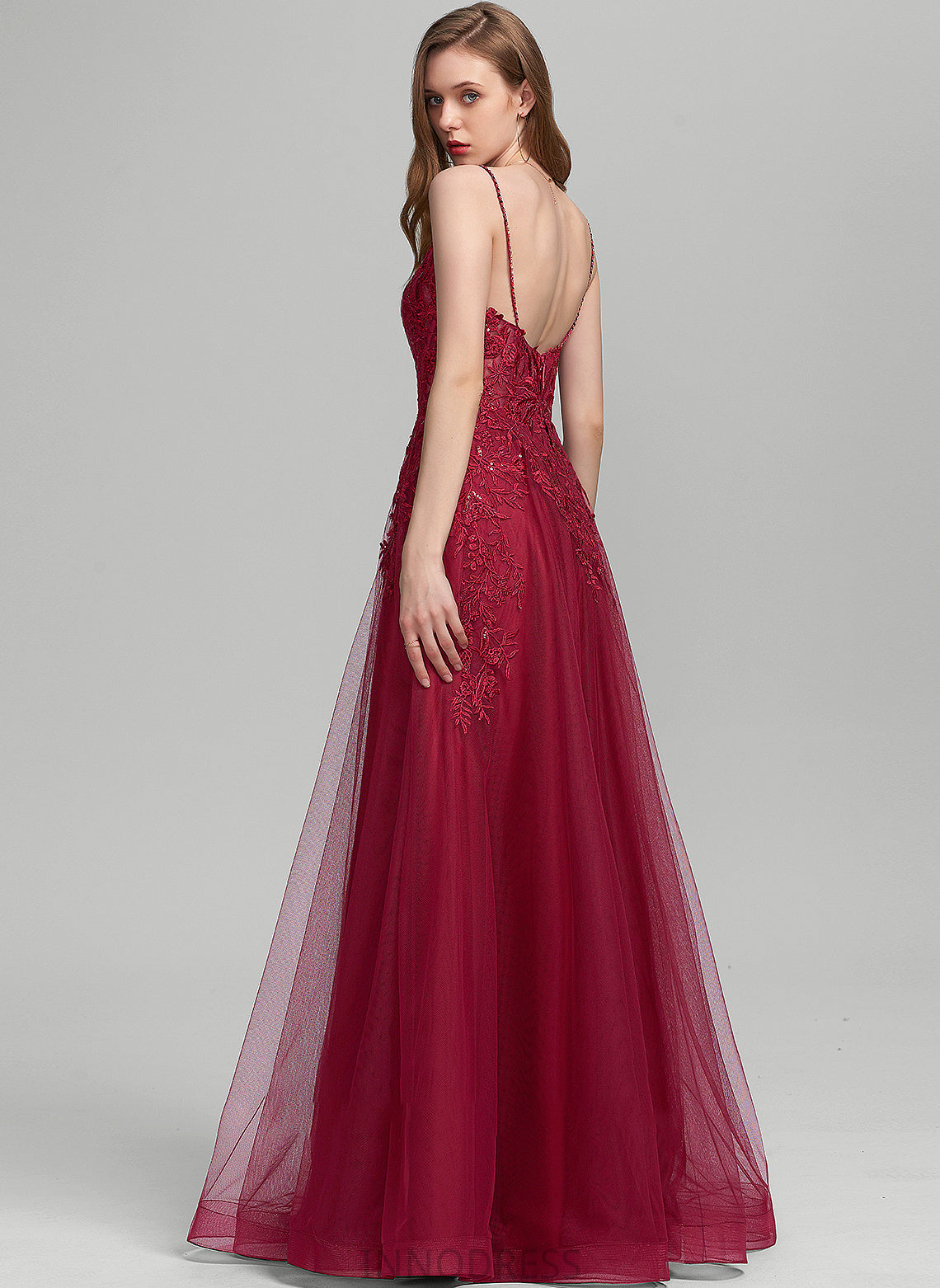 Sequins Floor-Length Leyla Beading Ball-Gown/Princess With V-neck Tulle Prom Dresses