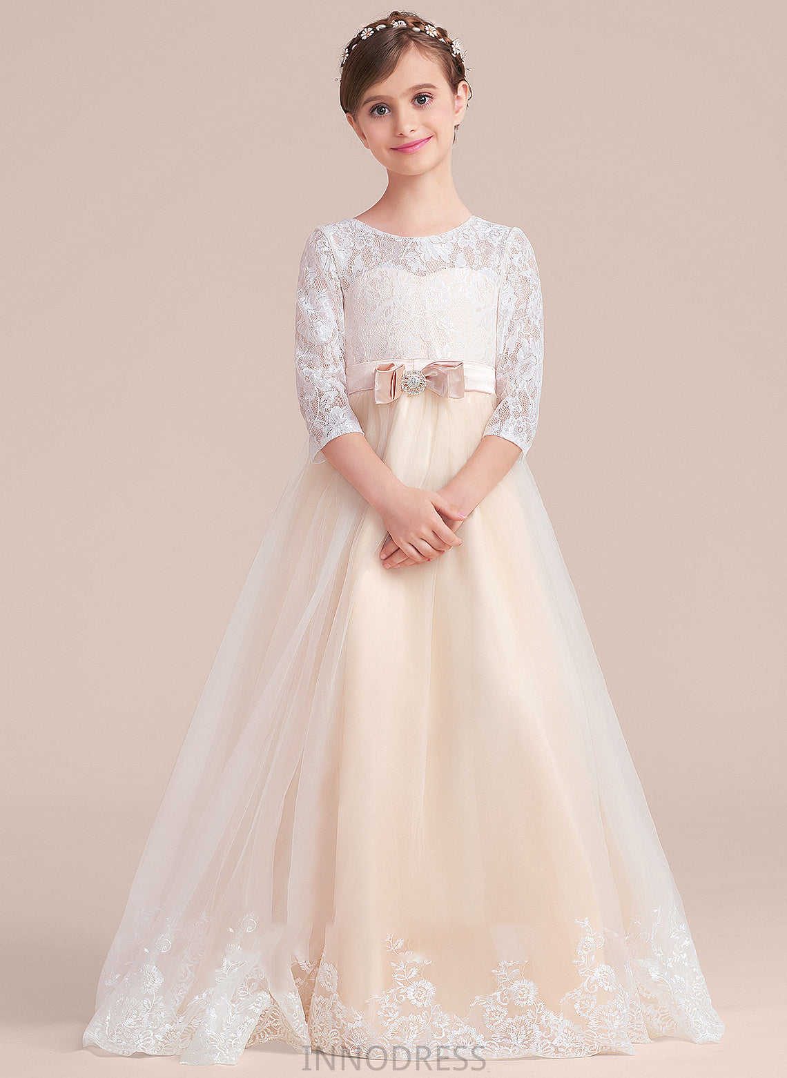 Ball-Gown/Princess Lace Neck With Floor-Length Cheyanne Sash Junior Bridesmaid Dresses Bow(s) Tulle Beading Scoop