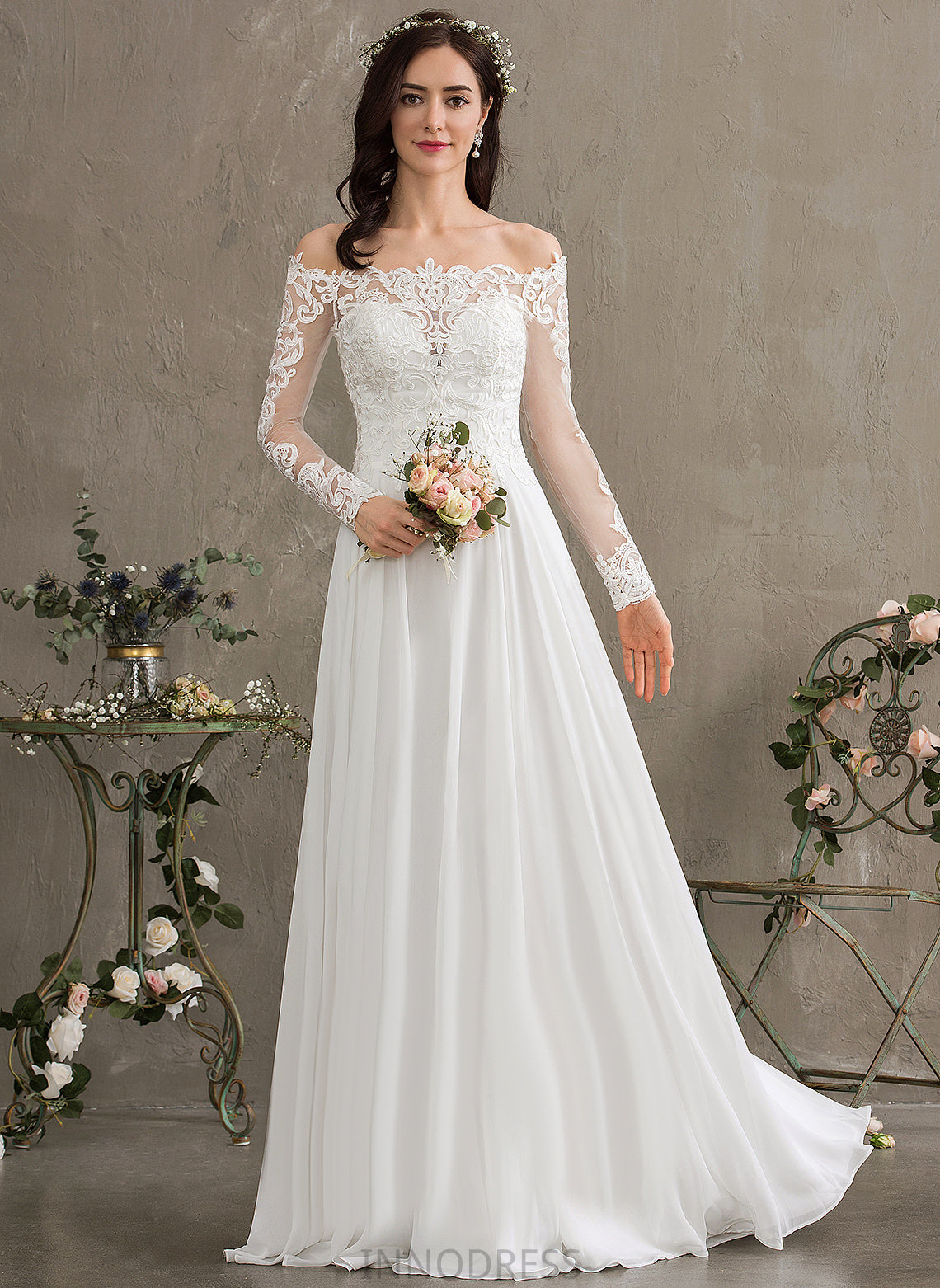 Lace Mimi Wedding Dresses Chiffon Floor-Length Dress A-Line Wedding Off-the-Shoulder