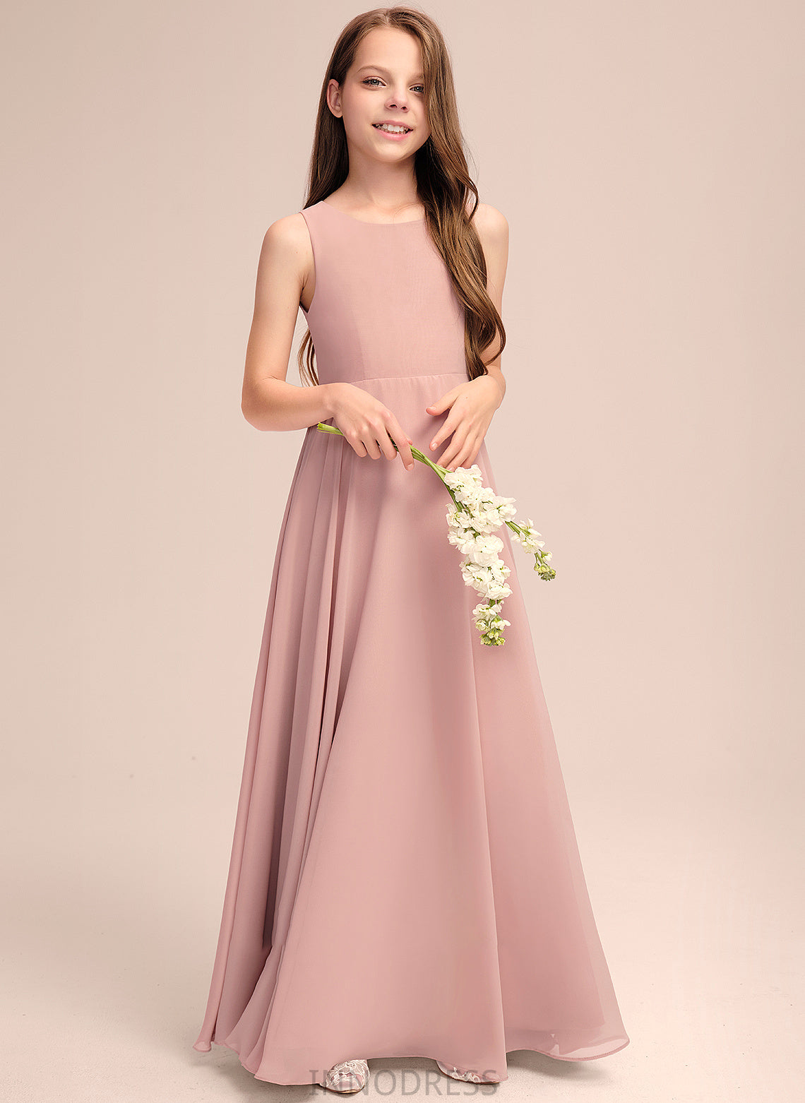Junior Bridesmaid Dresses With Scoop Bow(s) Chiffon Kaylen Floor-Length A-Line Neck