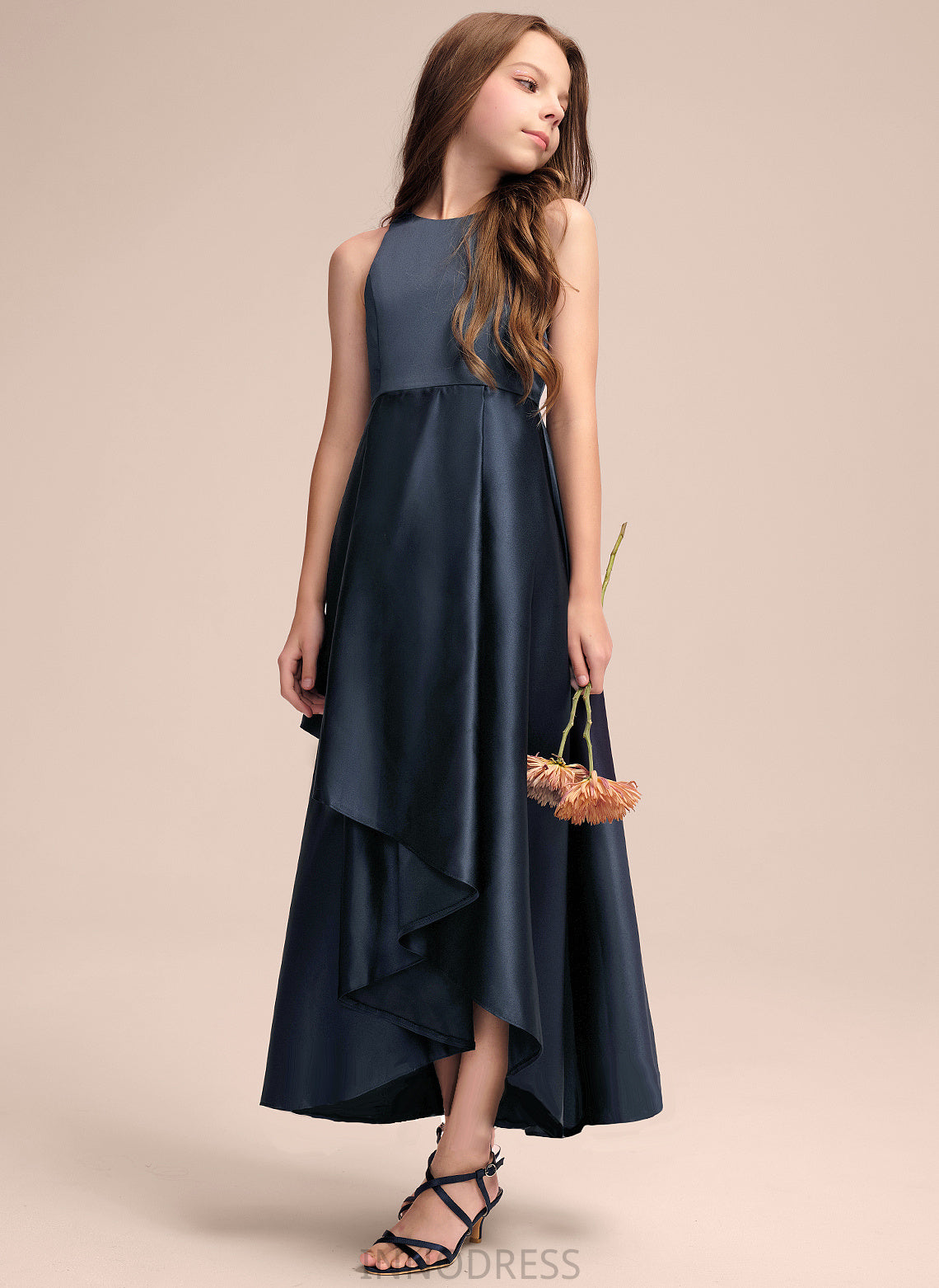 Satin With Junior Bridesmaid Dresses A-Line Neck Asymmetrical Cascading Ruffles Scoop Madilyn