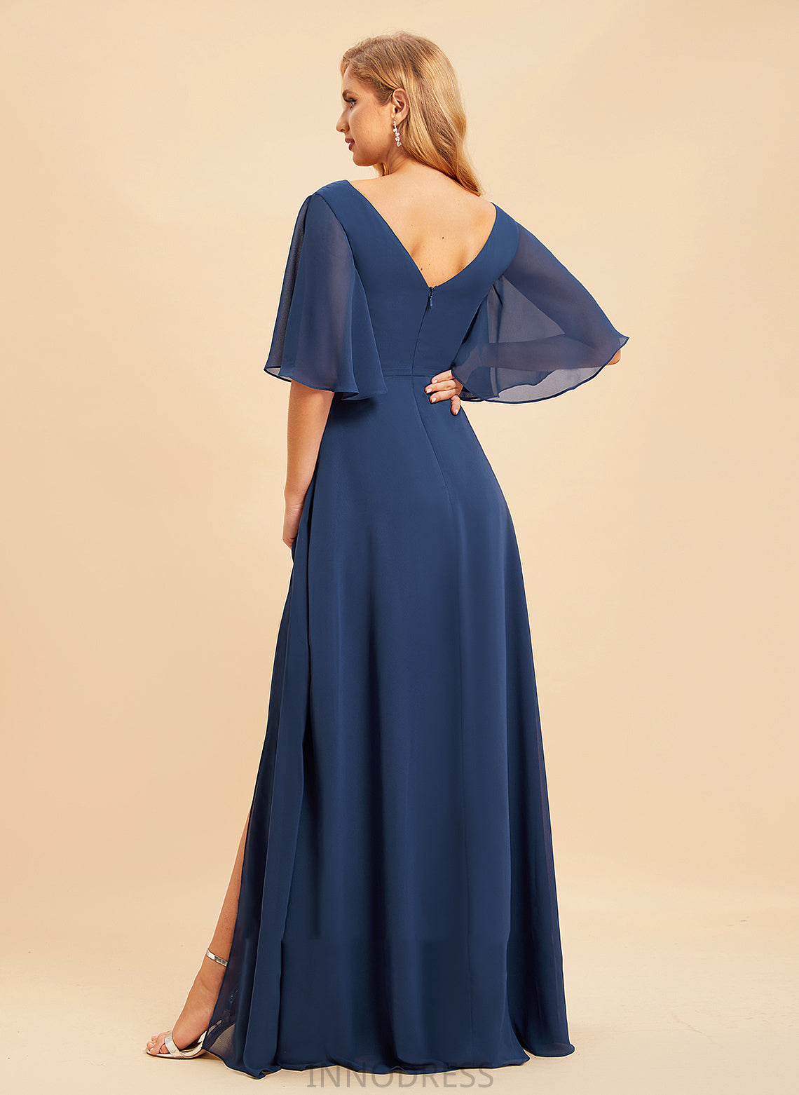 Embellishment Floor-Length V-neck Fabric A-Line SplitFront Length Neckline Silhouette Eliana Natural Waist Satin Bridesmaid Dresses