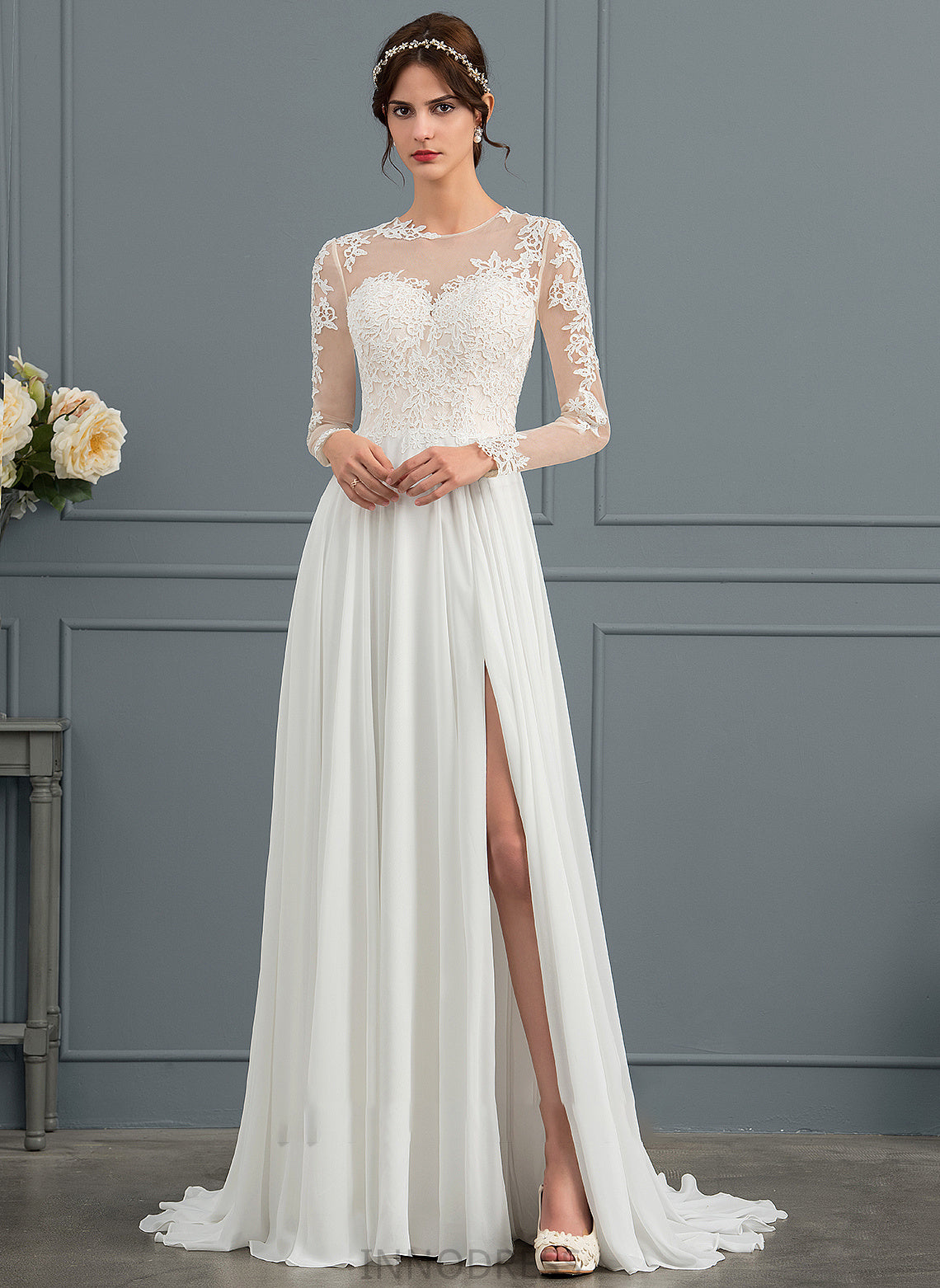 Wedding Dresses Appliques With Train A-Line Chiffon Illusion Dress Split Front Wedding Lace Finley Sweep
