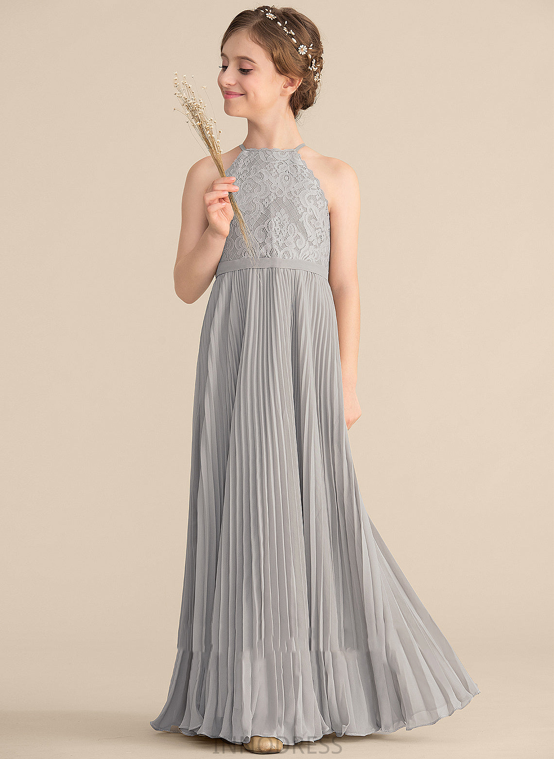 Scoop Floor-Length Chiffon A-Line Pleated Junior Bridesmaid Dresses Lace Neck Irene With