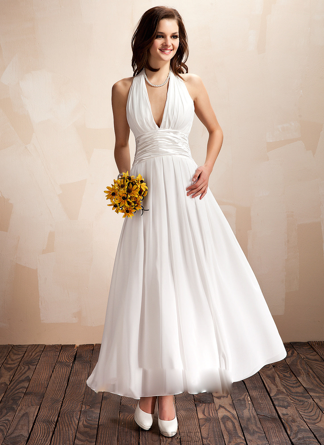 Dress With Bow(s) Halter Wedding Dresses Chiffon Wedding A-Line Kaylee Ankle-Length Ruffle