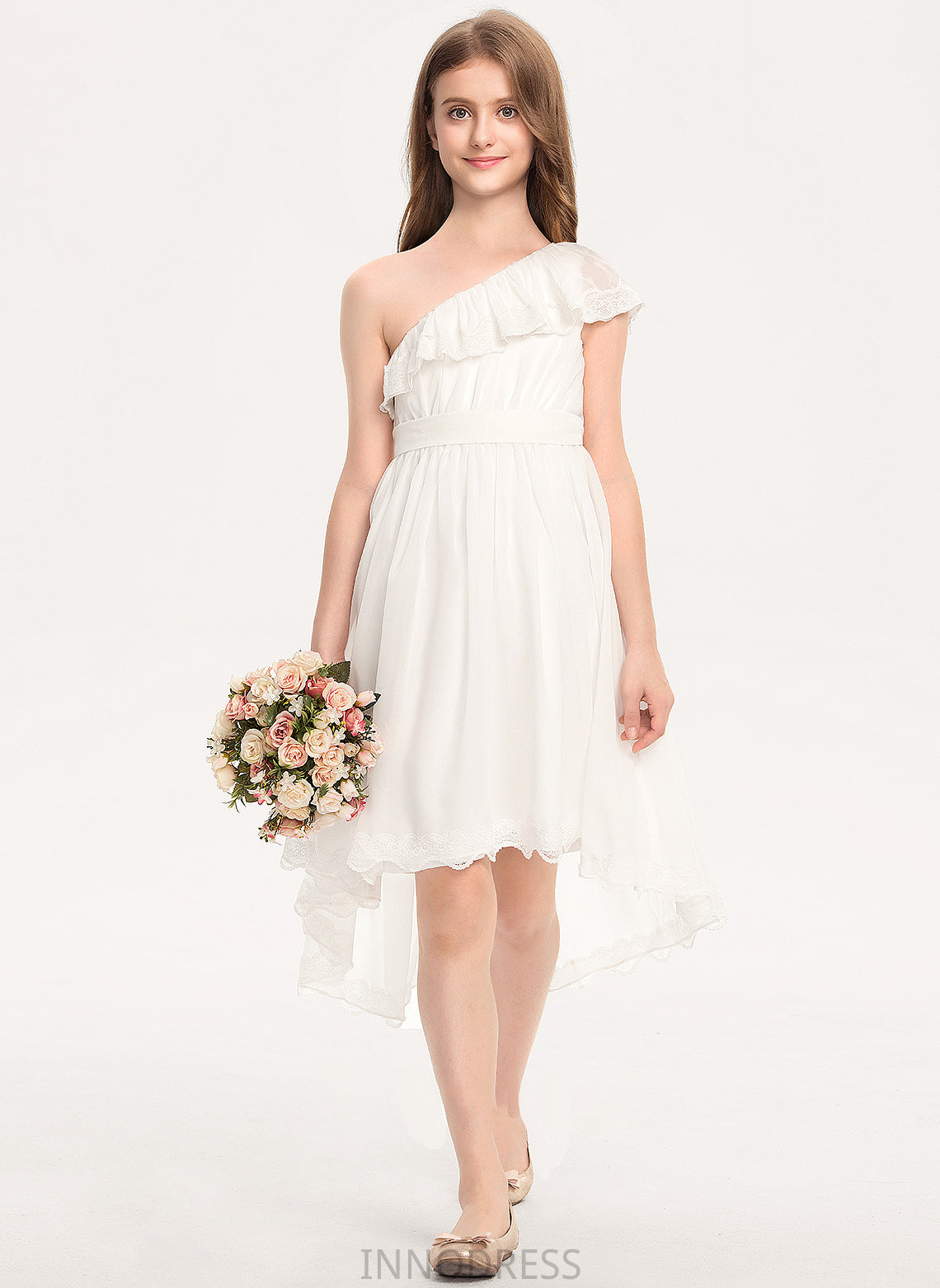 With Chiffon Asymmetrical Lace Bow(s) Junior Bridesmaid Dresses Aubrie A-Line One-Shoulder