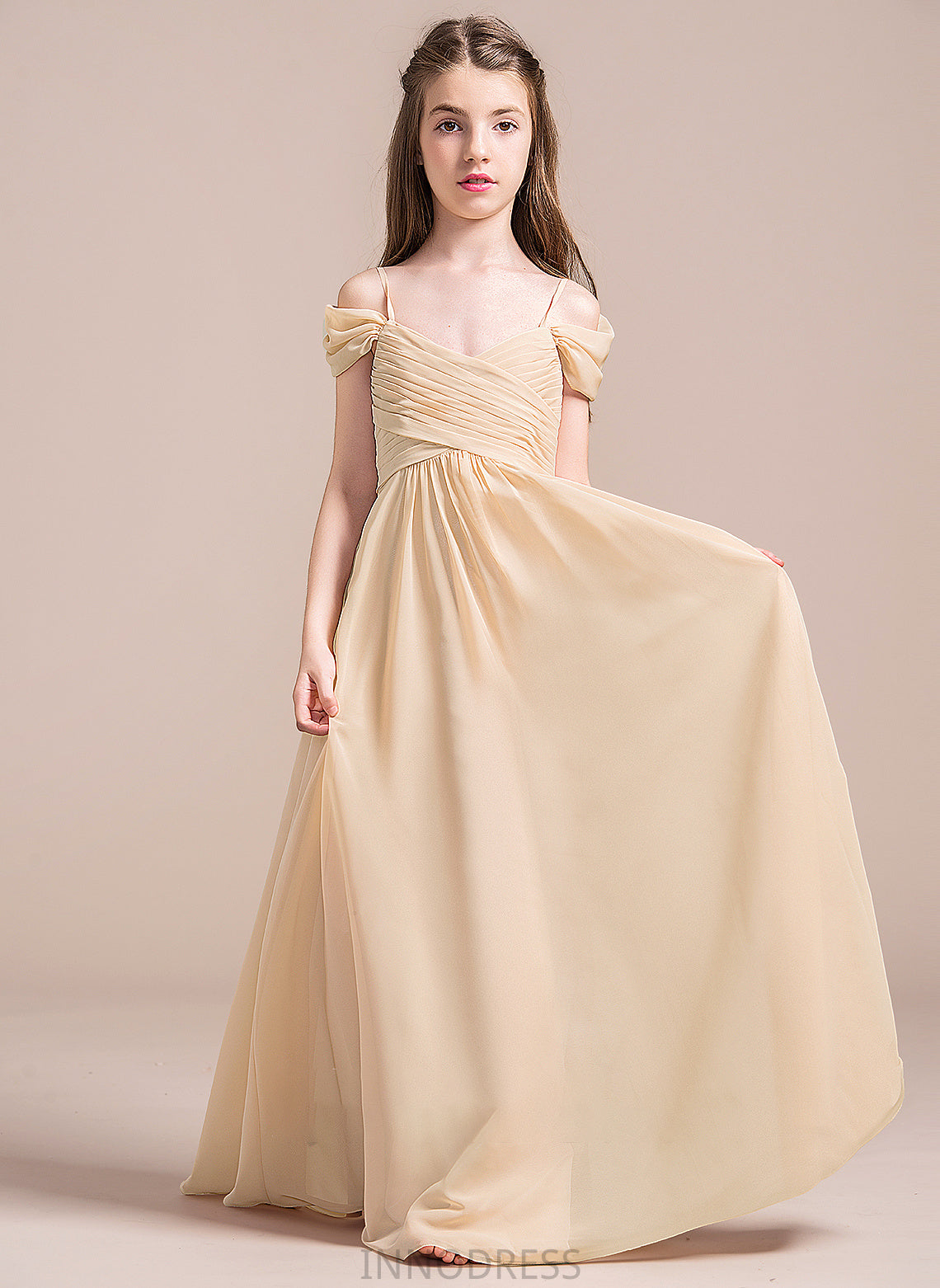 Chiffon Floor-Length A-Line Ruffle Junior Bridesmaid Dresses Off-the-Shoulder With Leslie