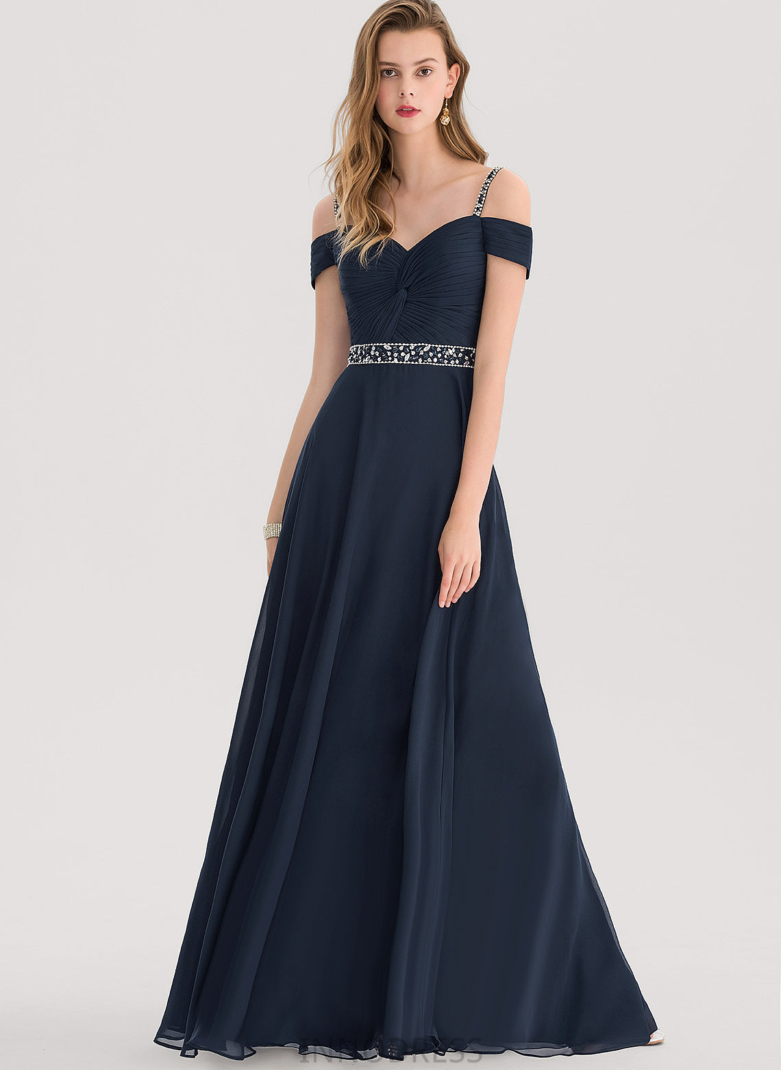 Cold A-Line Pleated Shoulder Sequins Chiffon Floor-Length Kylee V-neck Prom Dresses With Beading