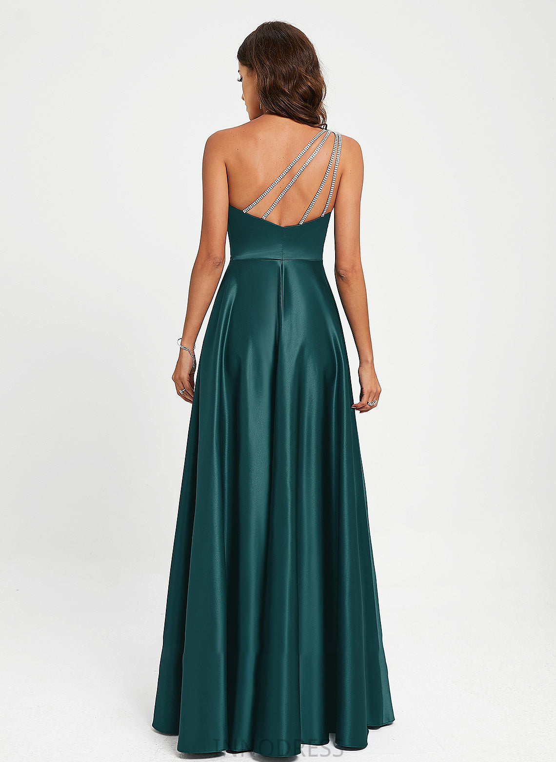 Satin A-Line Beading One-Shoulder Hailie Floor-Length With Prom Dresses
