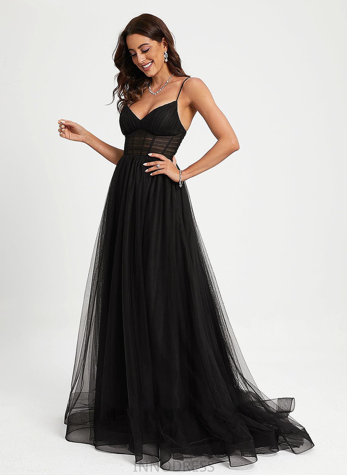 Train Sweep Ball-Gown/Princess Pleated With V-neck Prom Dresses Tulle Madalynn