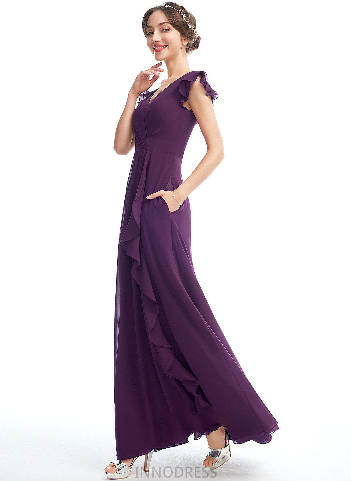 Fabric Embellishment Floor-Length V-neck Length Ruffle A-Line Neckline Silhouette Pockets Esperanza Natural Waist