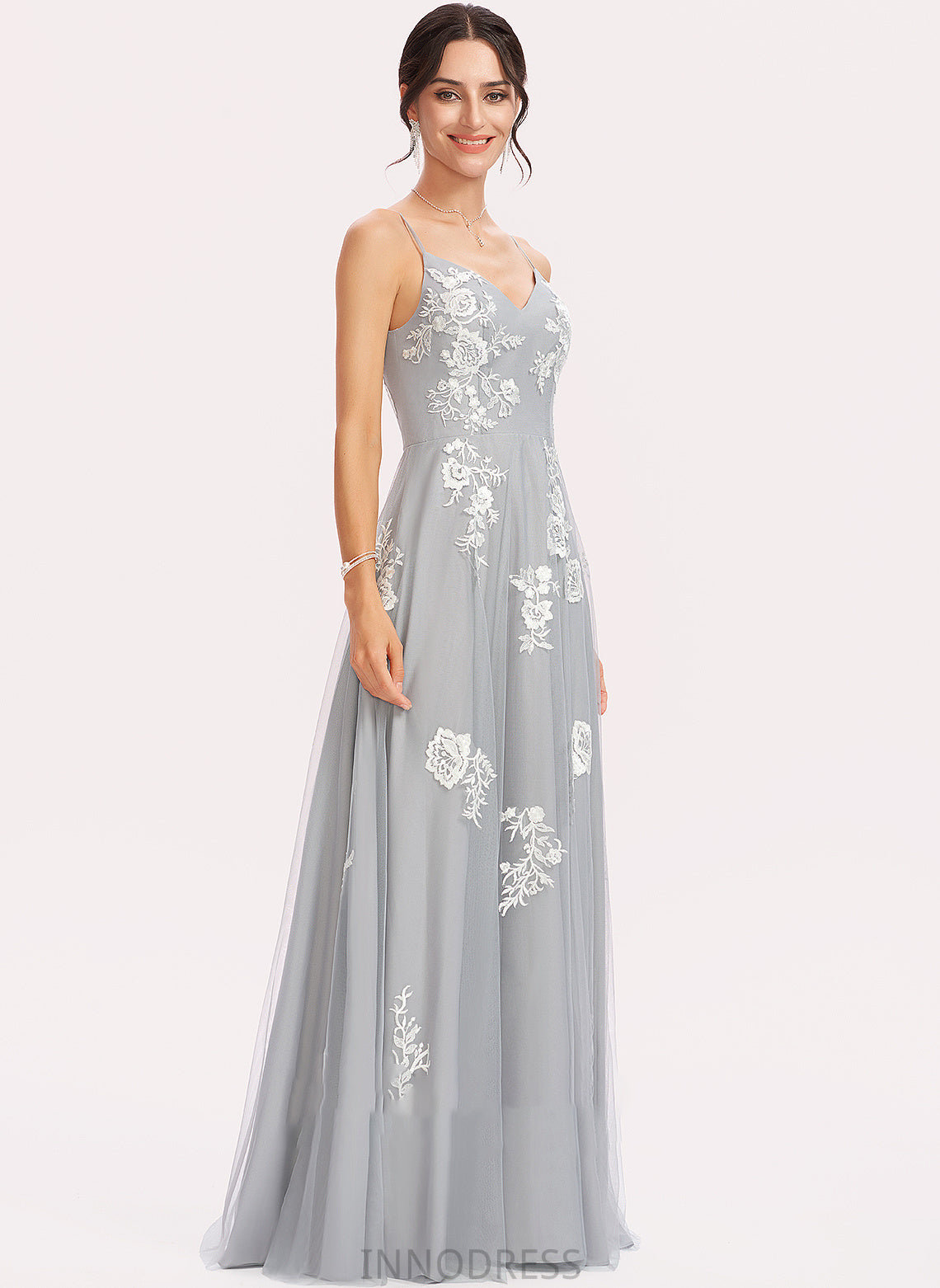 Silhouette A-Line Lace Floor-Length Length Neckline V-neck Embellishment Fabric Haylie A-Line/Princess Floor Length