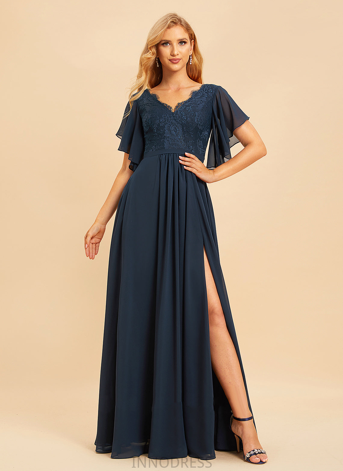 Silhouette Neckline Lace Floor-Length Fabric A-Line V-neck Length Embellishment SplitFront Courtney Natural Waist Bridesmaid Dresses