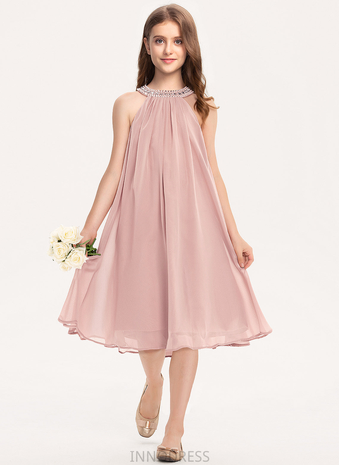 Chiffon Scoop Knee-Length Camryn With Neck Junior Bridesmaid Dresses A-Line Sequins Beading