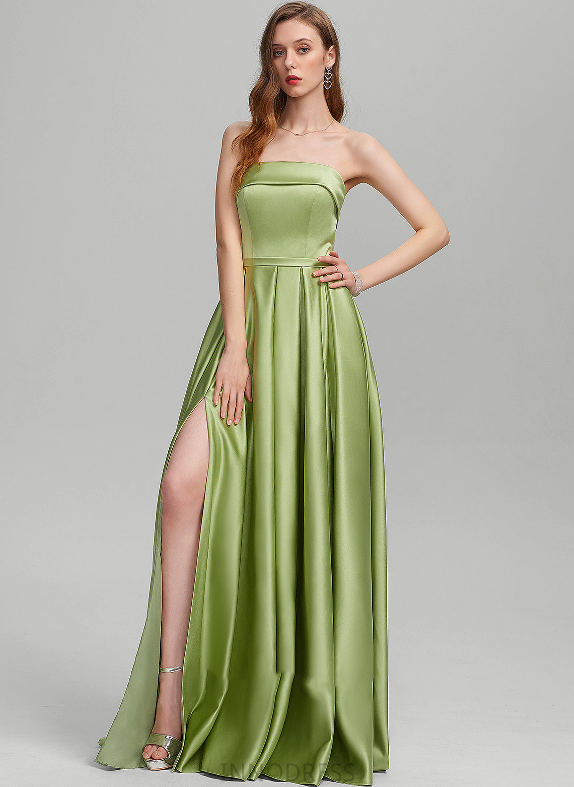 Ball-Gown/Princess Split Yasmin Prom Dresses Satin With Front Pockets Strapless Floor-Length