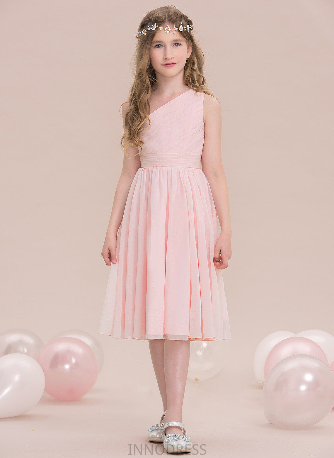 A-Line One-Shoulder Lyla Knee-Length Junior Bridesmaid Dresses Chiffon With Ruffle