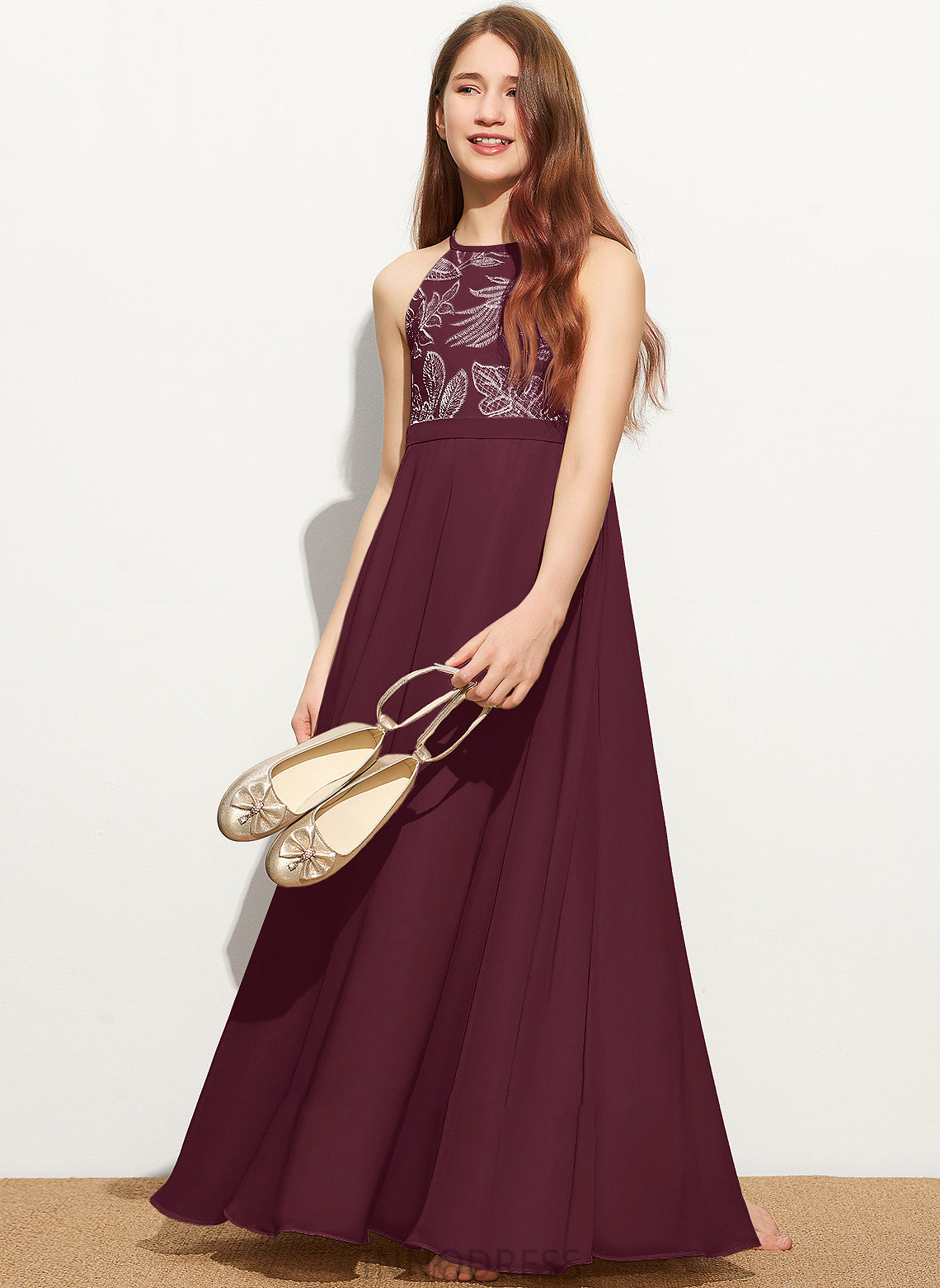 A-Line Chiffon Junior Bridesmaid Dresses Floor-Length Lace Scoop Bow(s) Neck With Iris