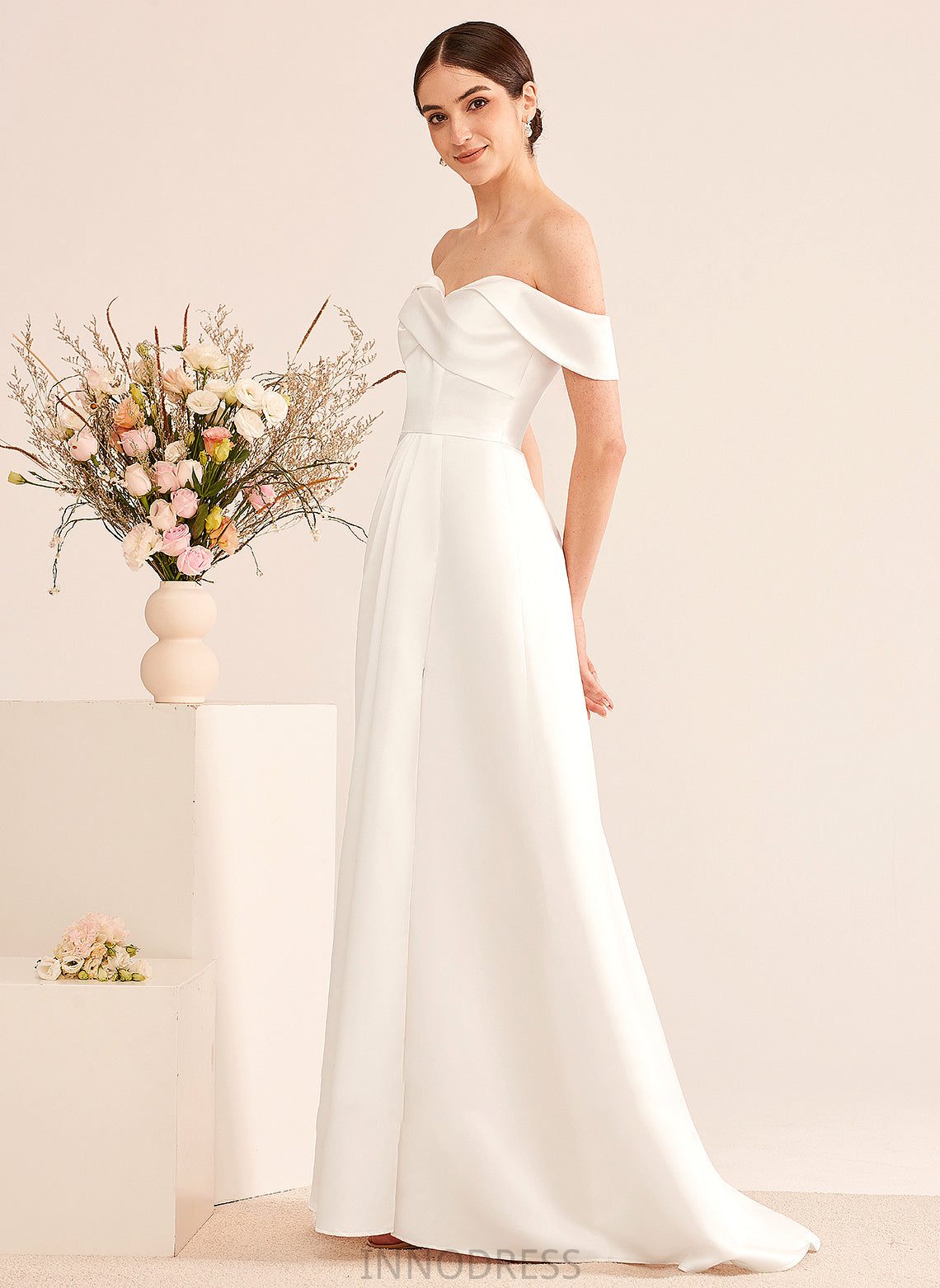 With A-Line Ruffle Split Wedding Miah Off-the-Shoulder Train Front Dress Sweep Wedding Dresses