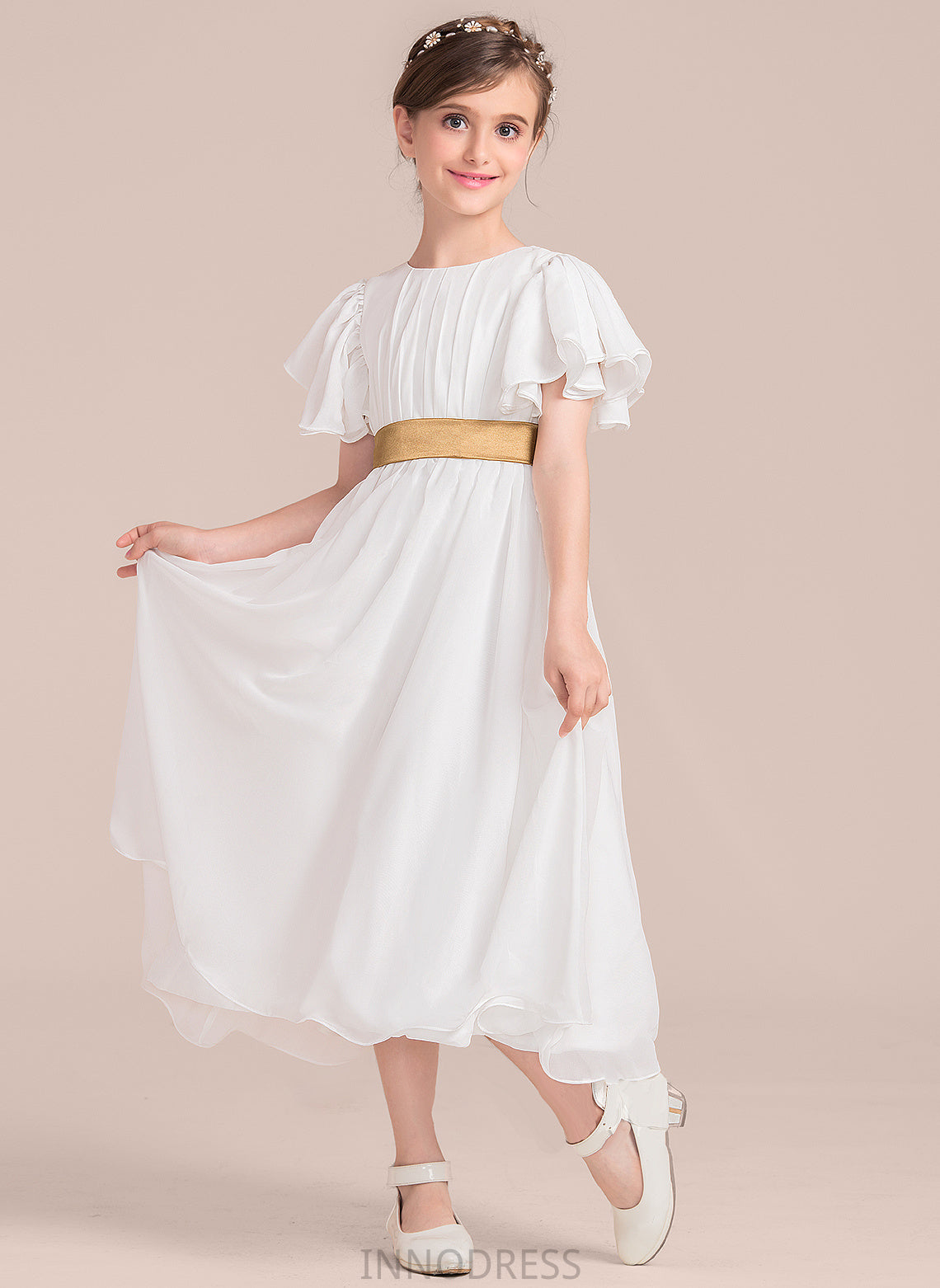 Amber Scoop Junior Bridesmaid Dresses Sash With A-Line Neck Chiffon Ruffle Tea-Length