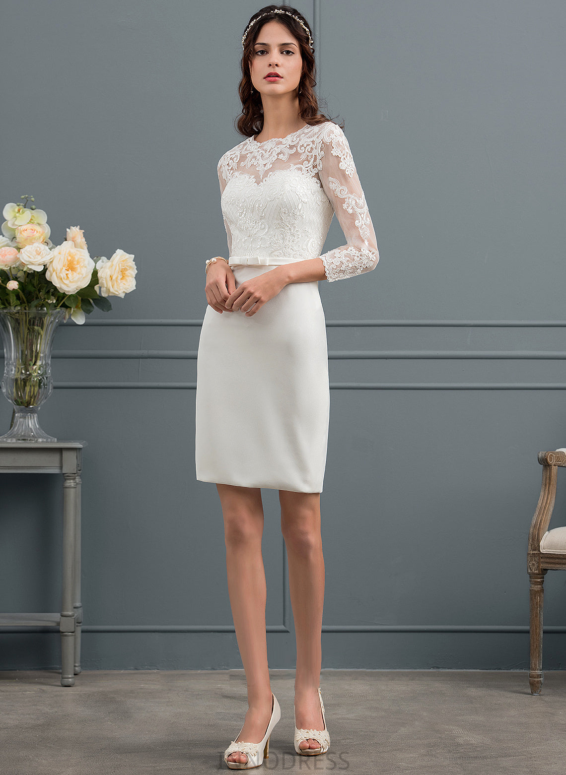 Sheath/Column Bow(s) Wedding Dresses Marisol Crepe Stretch With Knee-Length Illusion Sequins Dress Wedding